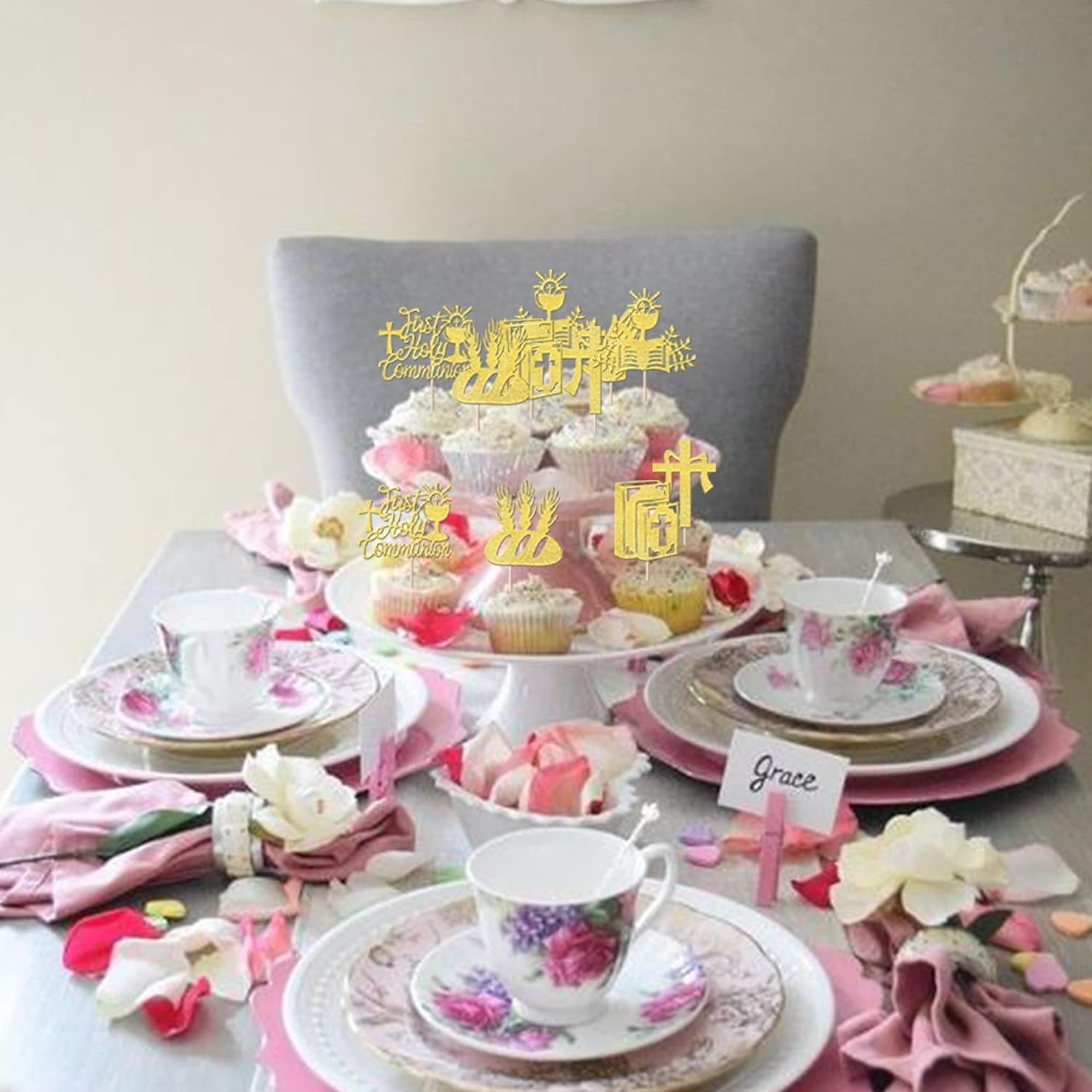 24 Pack First Holy Communion Cupcake Toppers Glitter Cross Bible Cupcake Picks Angel God Bless Cake Decorations for First Communion Baptism Religion Theme Birthday Party Supplies (Gold) image number 4