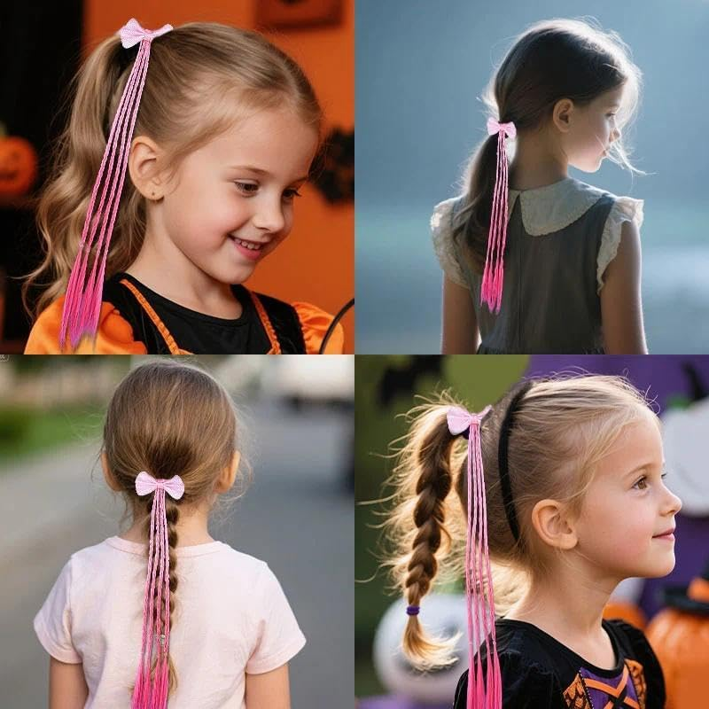2 PCS Braids Ponytail Extension with Hair Bows Ties for Girls Pink Priness Mermaid Hair Extensions Cosplay Halloween Hair Accessories image number 6