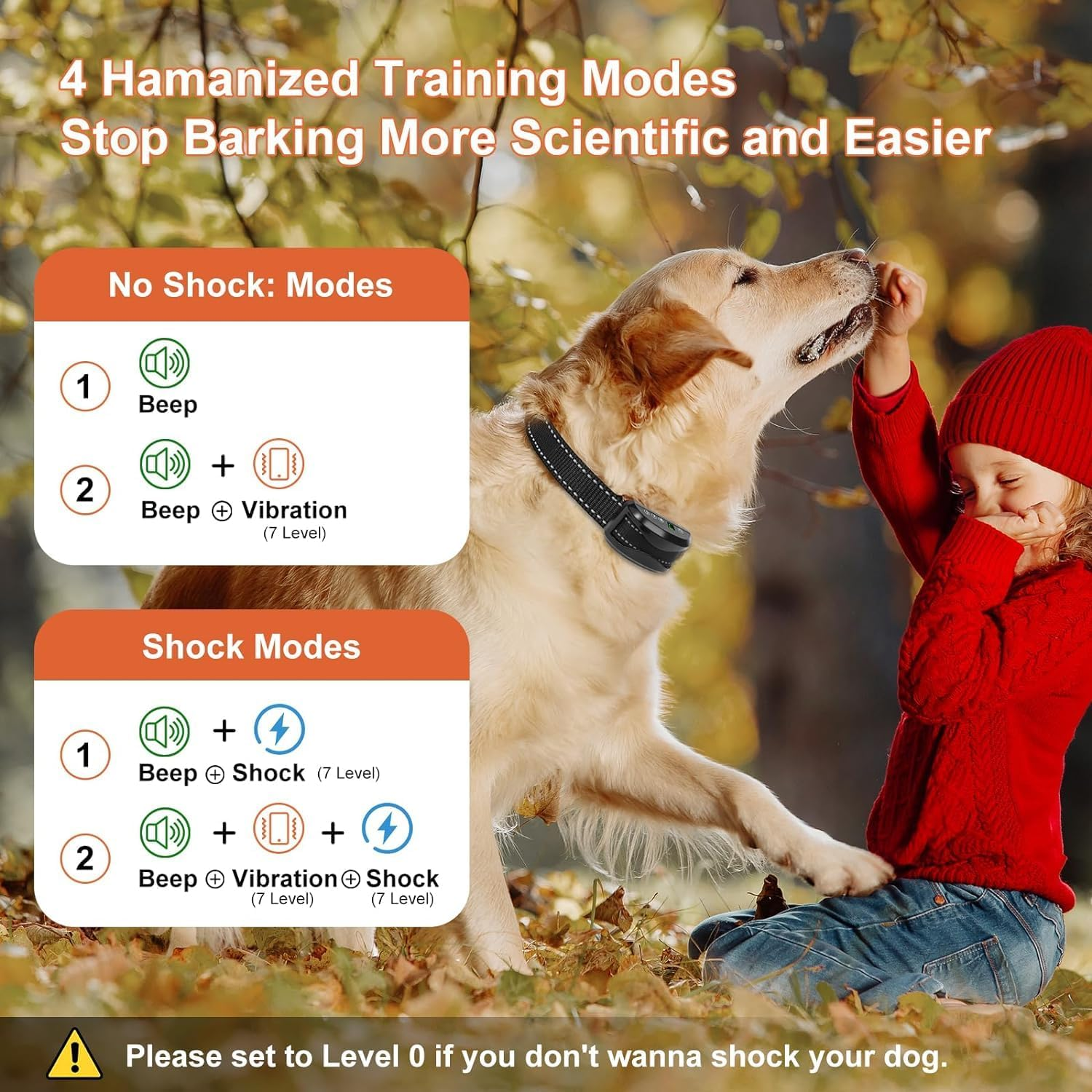 Dog Bark Collar, Dog Bark Collar for Small Medium Large Dogs with 4 Training Modes and 7 Level Sensitivity Adjustable, Rechargeable Bark Collar No Shock for Dogs with Beep Vibration Shock, Gold image number 5