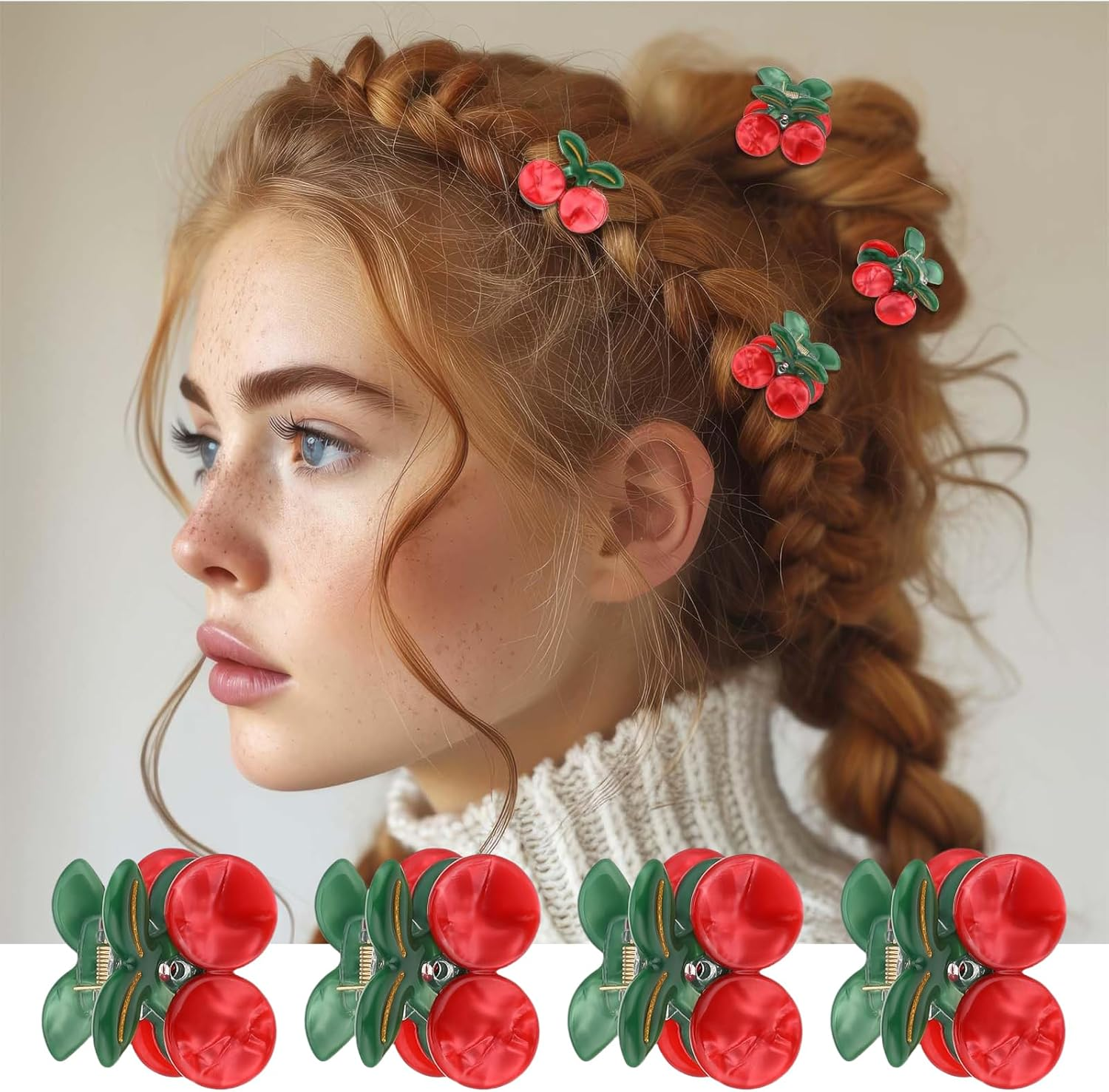 Yeomju Cute Cherry Hair Clips, Set of 4 Hair Clips, Mini Fruit Clip for Thick Hair, Hair Accessory for Women and Girls image number 4