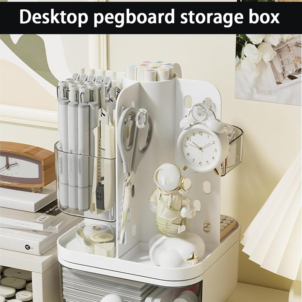 Ranqisys Rotating Desktop Organizer with Drawers &ndash; Large-Capacity Multifunctional Storage Box with Pegboard, Desk Organizer for Stationery, Markers, Brushes, Scissors, Lipsticks & Jewelry image number 4