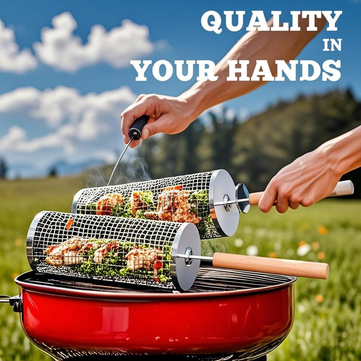 Rolling Grill Basket(2Pcs), Removable Wooden Handle, 304 Stainless Steel, Nesting Grilling Net, BBQ Accessories Tool for Vegetable Shrimp, Outdoor Cooking Camping, Birthday Gifts for Men Dad Husband image number 5