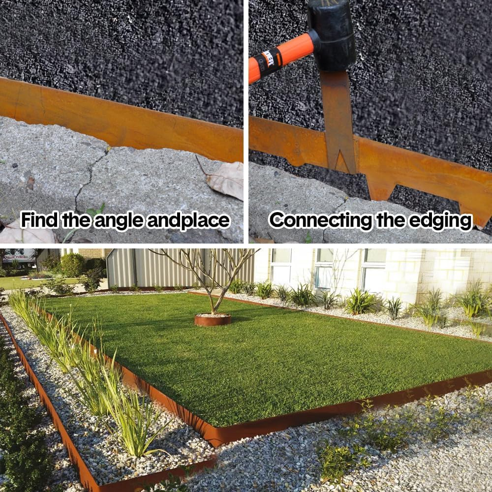 10M Steel Landscape Lawn Edging, Pre Rusted Edging Garden Divider 2.5Cm Depth Patina Bendable Border with 11 Connecting Clips, 10 Pack 101.5Cm Strips with Spikes