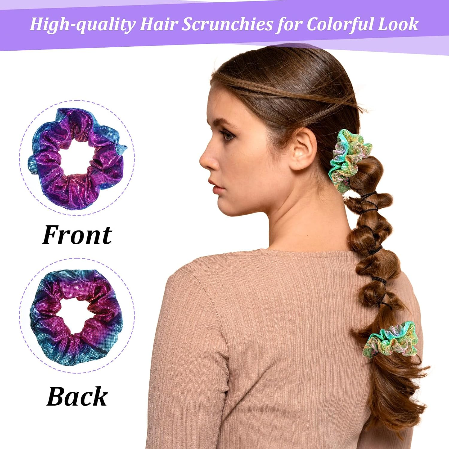 Qfgasre 24Pcs Scrunchies for Women Shiny Metallic Elastic Hair Bands Scrunchy Rainbow Hair Scrunchies Colorful Hairs Ties for Women Gymnastics Birthday Party Favors