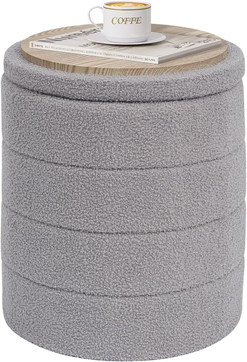 PINPLUS round Storage Ottoman, Foldable Sherpa Ottoman Footstool Storage with Coffee Table for Living Room, Bedroom, Dorm (Dark Grey) 14.6"X14.6"X17.7"