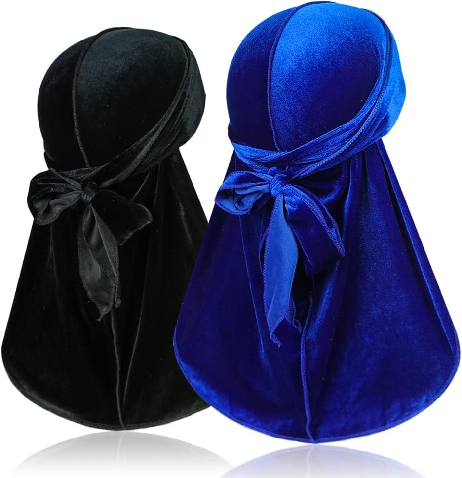 2 Pieces Velvet Durags for 360 Waves, Silky Doo Rag Durag Head Wraps with Extra Long Tail and Wide Straps for Men Women