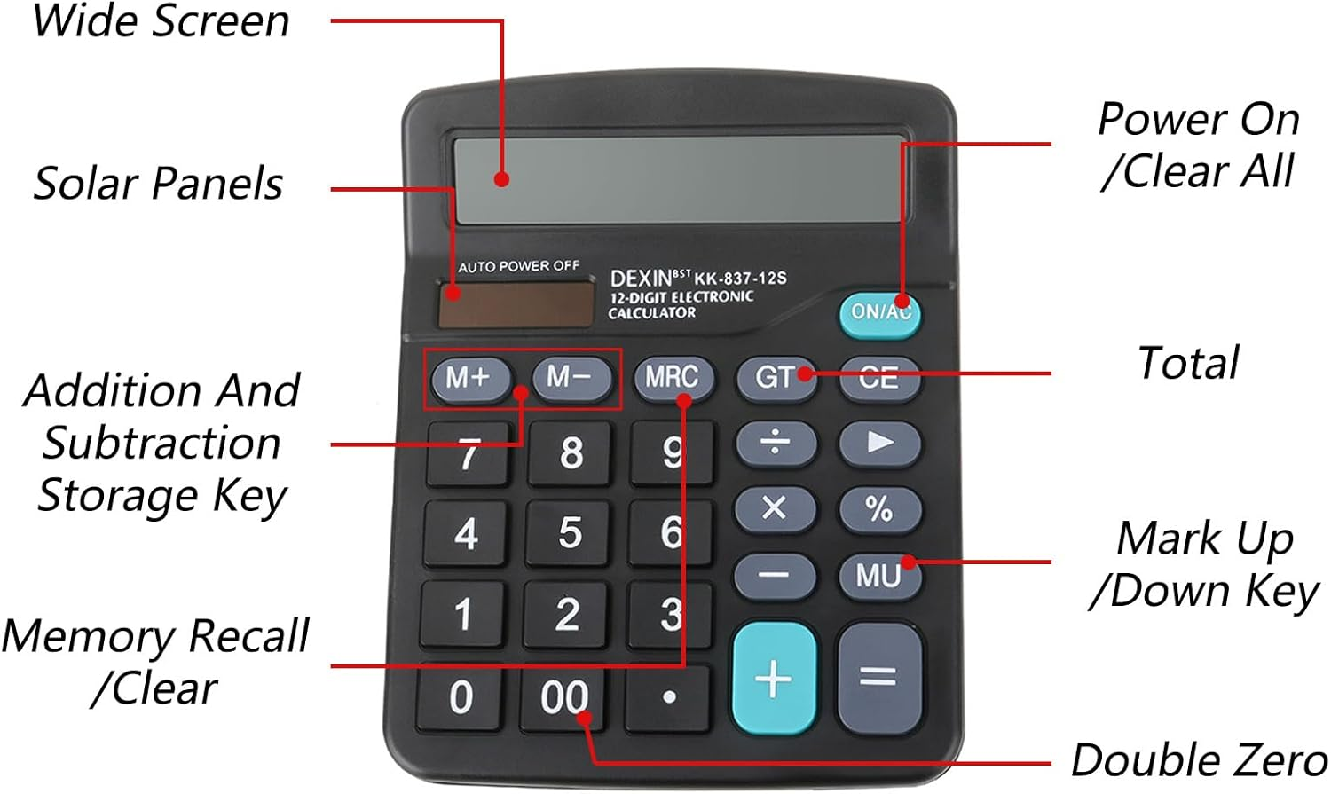 12-Digit Desktop Calculator, Solar & Battery Powered, Black, Scientific Calculator with Large Display, Standard Functions for Office & Home image number 1