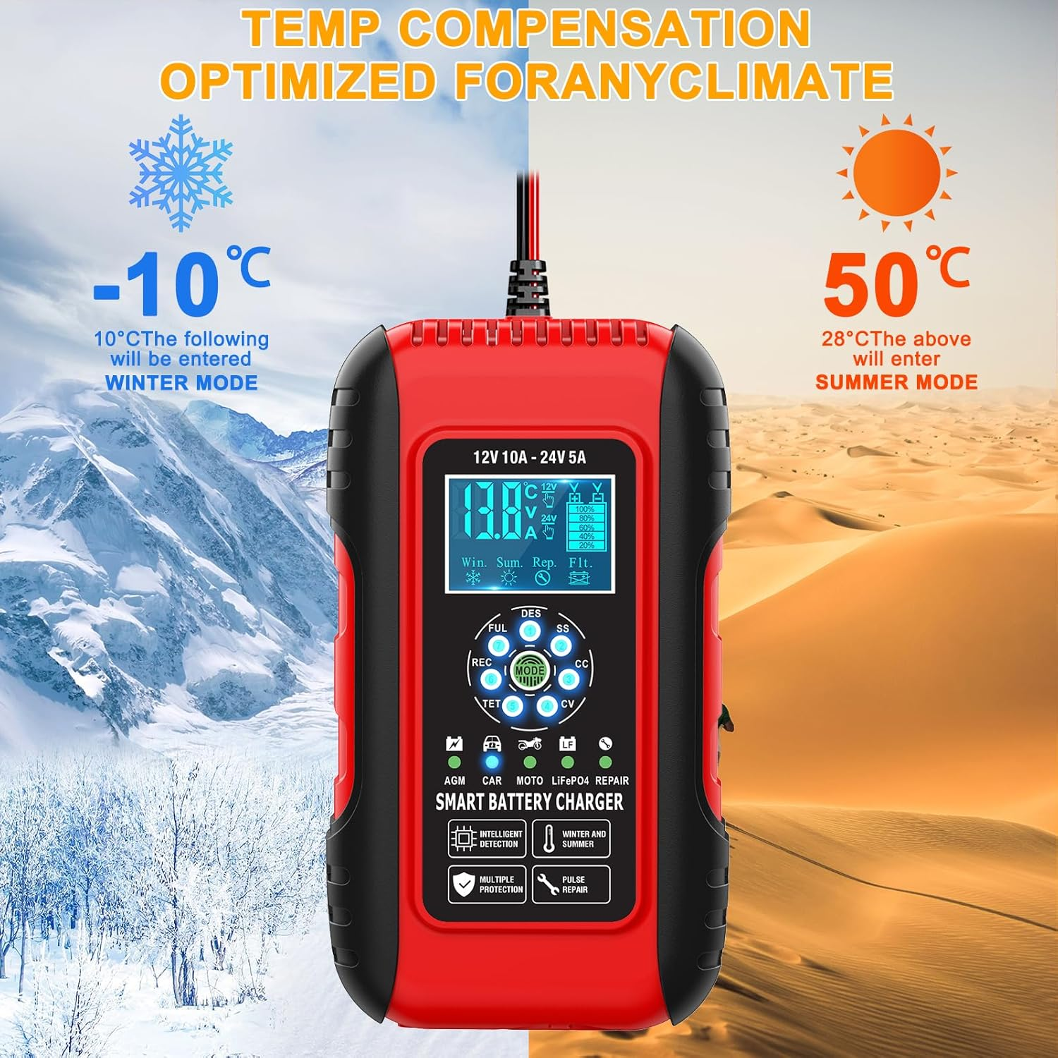 B-Qtech 10-Amp Car Battery Charger, 12V/24V Smart Fully-Automatic Battery Charger 7-Stage Maintainer with Pulse Repair Function for Car Motorcycle Lawn Mower Boat Marine Lead Acid Batteries（Au Plug） image number 1