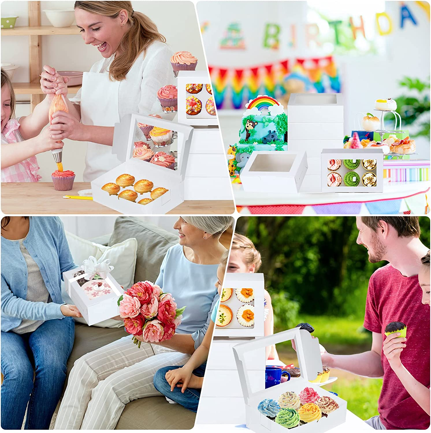 10 Pack 6 Holes Cupcake Boxes with Window Cake Cookie Bakery Boxes Muffin Donut Pastry Containers for Wedding Birthday Party Christmas,9.3X6.2X3 Inches/White image number 5