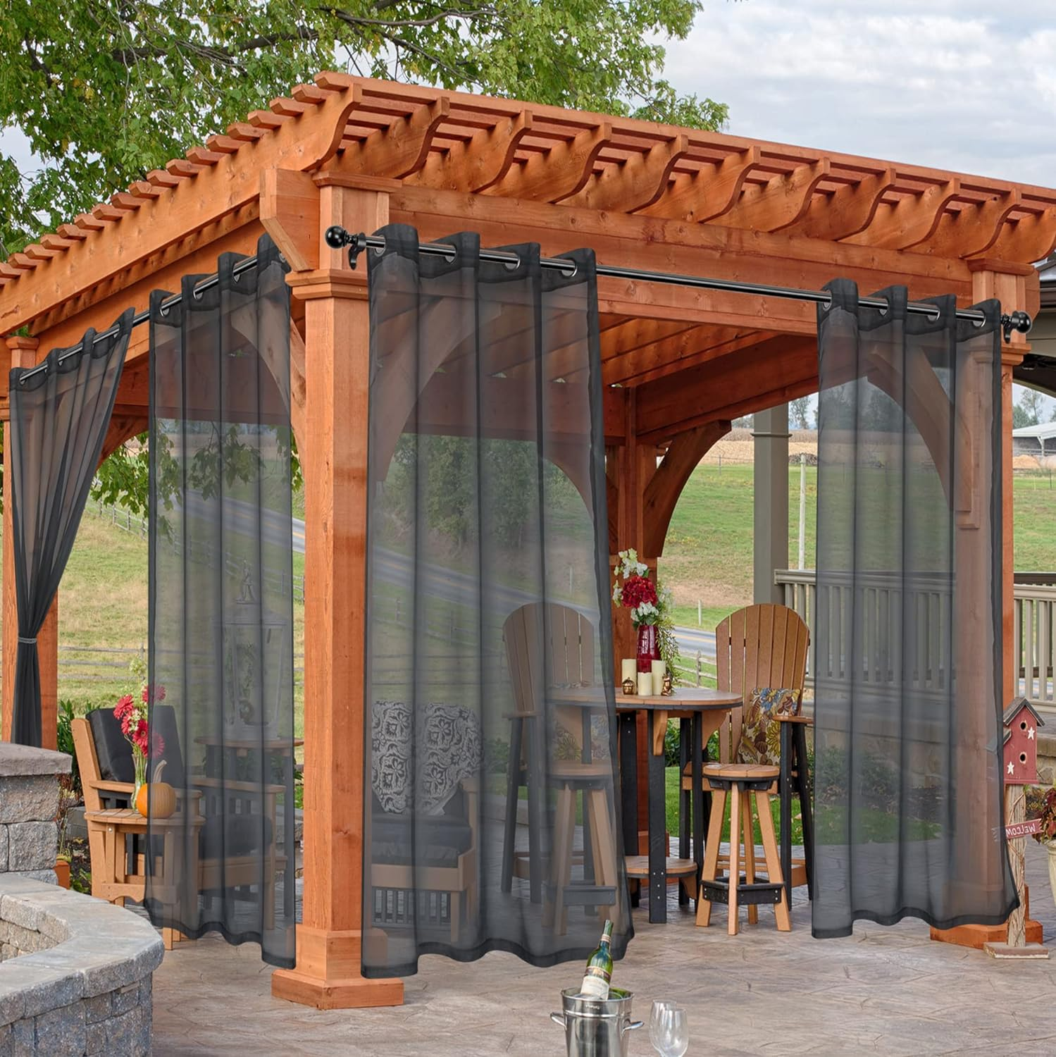 Holidayideas White Outdoor Sheer Curtains for Patio Waterproof, 4 Panels - 100 X 108 Inch - Extra Wide Voile outside Curtains Light Filtering Grommet Drapes for Front Porch, Gazebo, Pergola, Backyard