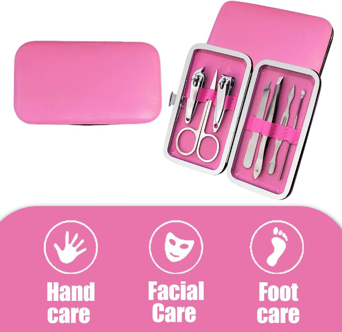 SULIUDAJI Manicure Set, 7-Piece Pedicure Nail Set, Nail Case, Nail Clipper Set, Nail Clipper Case Made of Stainless Steel and Leather, Nail Care Tools for Men and Women (Barbie Rose Red)