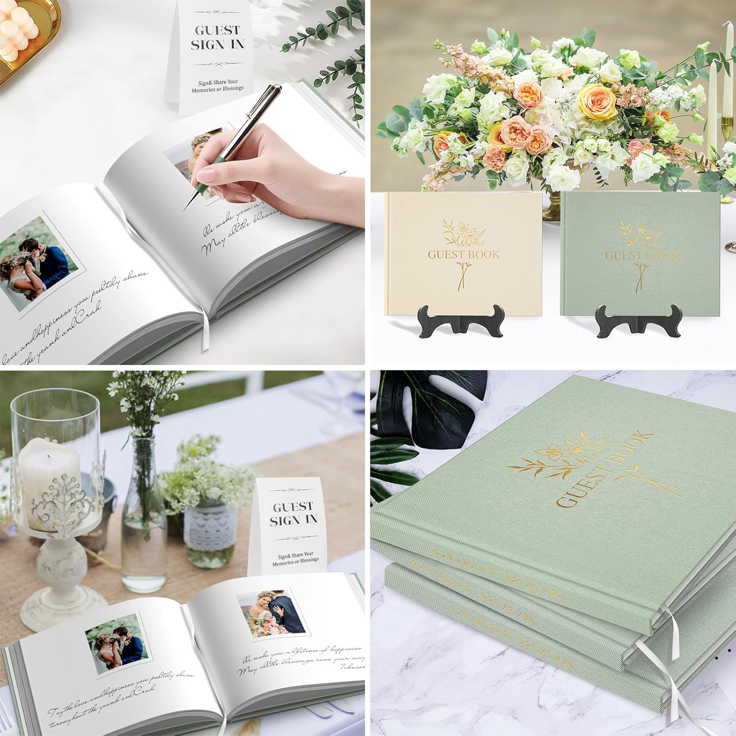 Wedding Guest Book for Memorial Service with 216 Photo Corners Stickers, Linen Guestbook to Sign at Bridal Shower or Wedding Reception Party,100 Pages, Blank Thick Paper Books for Baby Shower- Sage image number 6