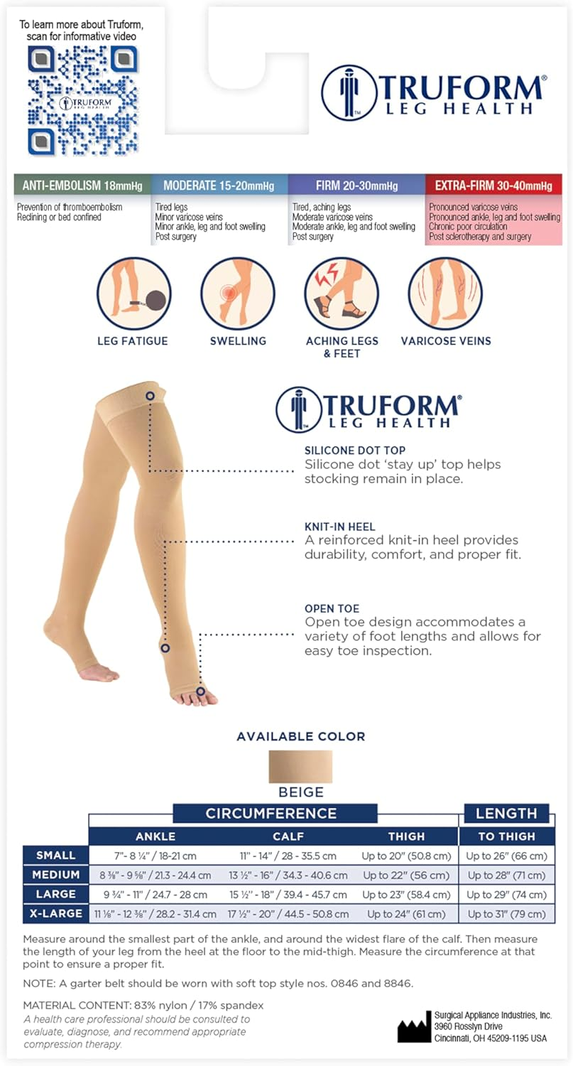 Truform 30-40 Mmhg Compression Stockings for Men and Women, Thigh High Length, Dot-Top, Open Toe, Black, Large image number 1