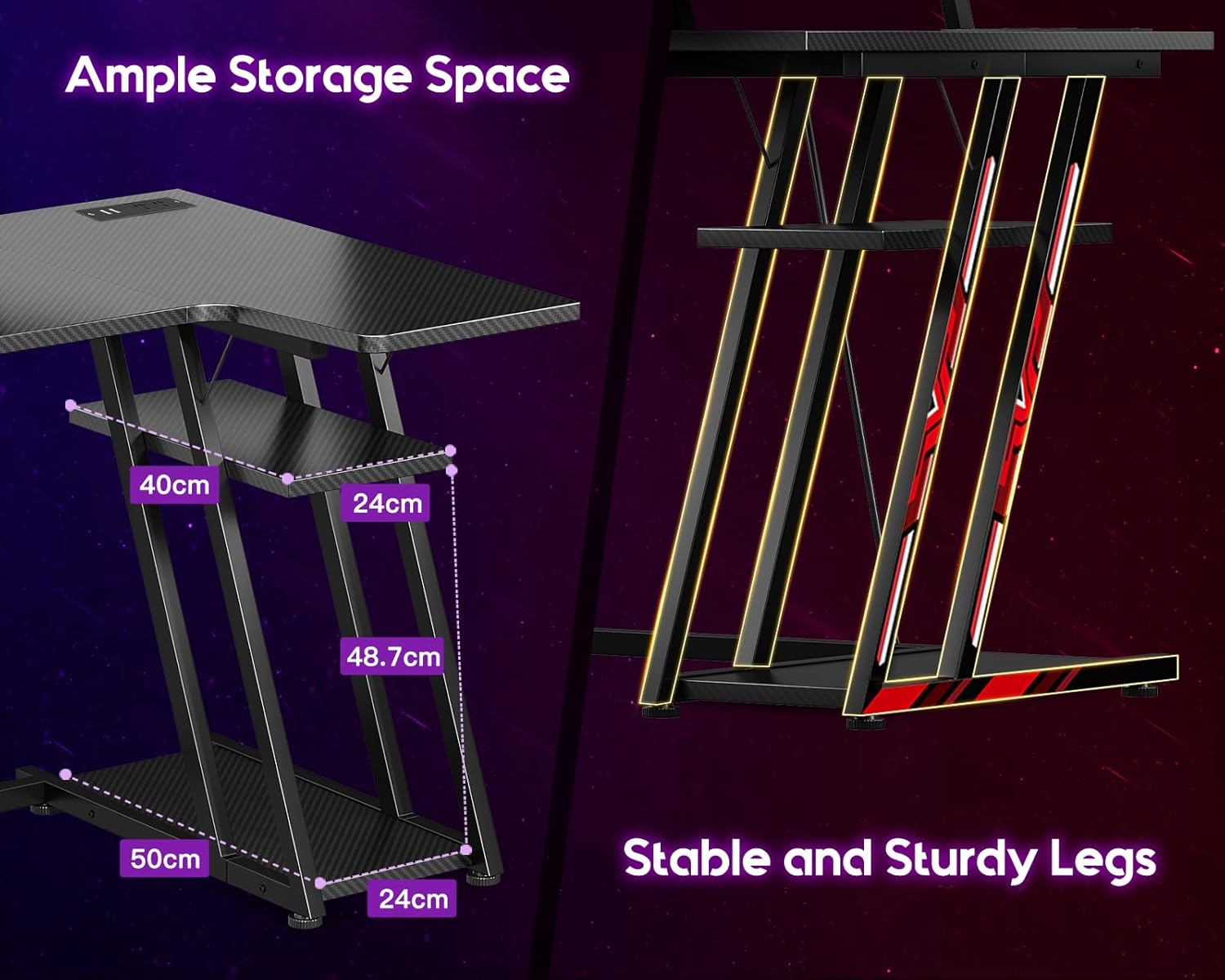 ODK L Shaped Gaming Desk with LED Lights& Power Outlets, Gaming Table with Monitor Stand, Corner Gaming Desk with Storage&Hook,Modern Simple Computer PC Desks, 120 * 70 * 92.8Cm, Carbon Fiber Black image number 3