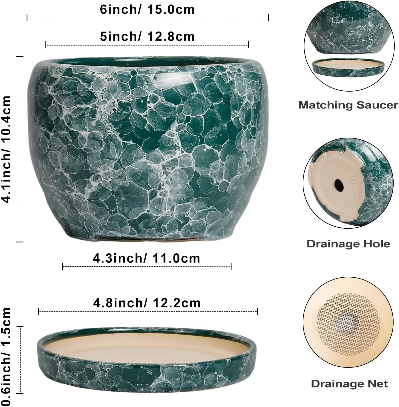 SQOWL Ceramic Plant Pot - 6 Inch Planter with Drainage Hole and Saucer, Succulent Pot round Planter for Indoor Plants Outdoor, Green image number 1