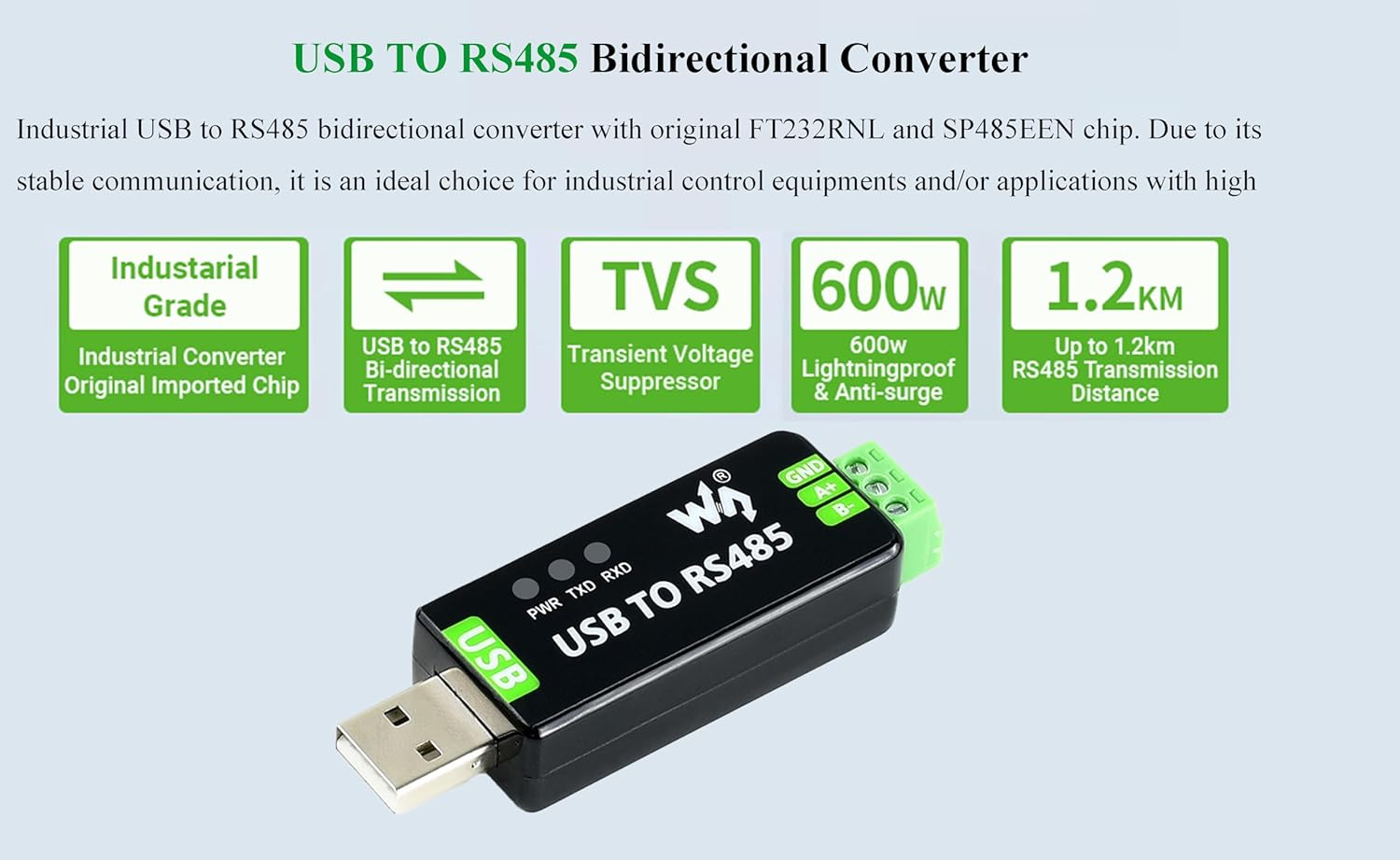 Industrial USB to RS485 Converter Bidirectional Adapter Board, with Original FT232RNL and SP485EEN Chip, up to 1.2Km Transmission Distance, Support Mac/Linux/Android/Wince/ Win11/10/8.1/8/7/Xp, Etc. image number 1