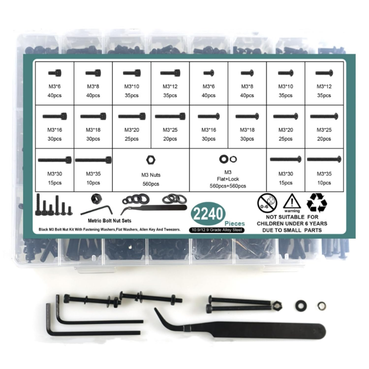 2240PCS Metric Screw Assortment, M3 Machine Screws with Lock & Flat Washers, Grade 10.9 &12.9 Alloy Steel Hex Socket Button Head Black Screws Nuts and Bolts Kit (2240Pcs M3) image number 6