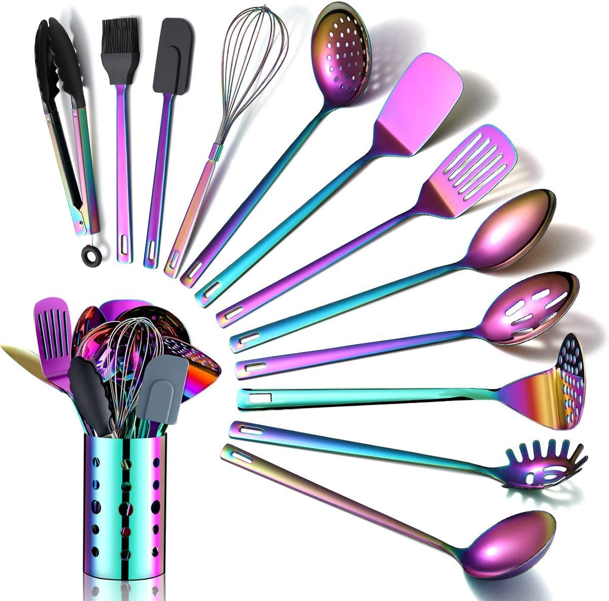 Rainbow Kitchen Utensils Set,13 Pieces Stainless Steel Cooking Utensils Set with Titanium Rainbow Plating,Kitchen Tools Set with Utensil Holder for Non-Stick Cookware Dishwasher Safe (13 Packs) image number 6