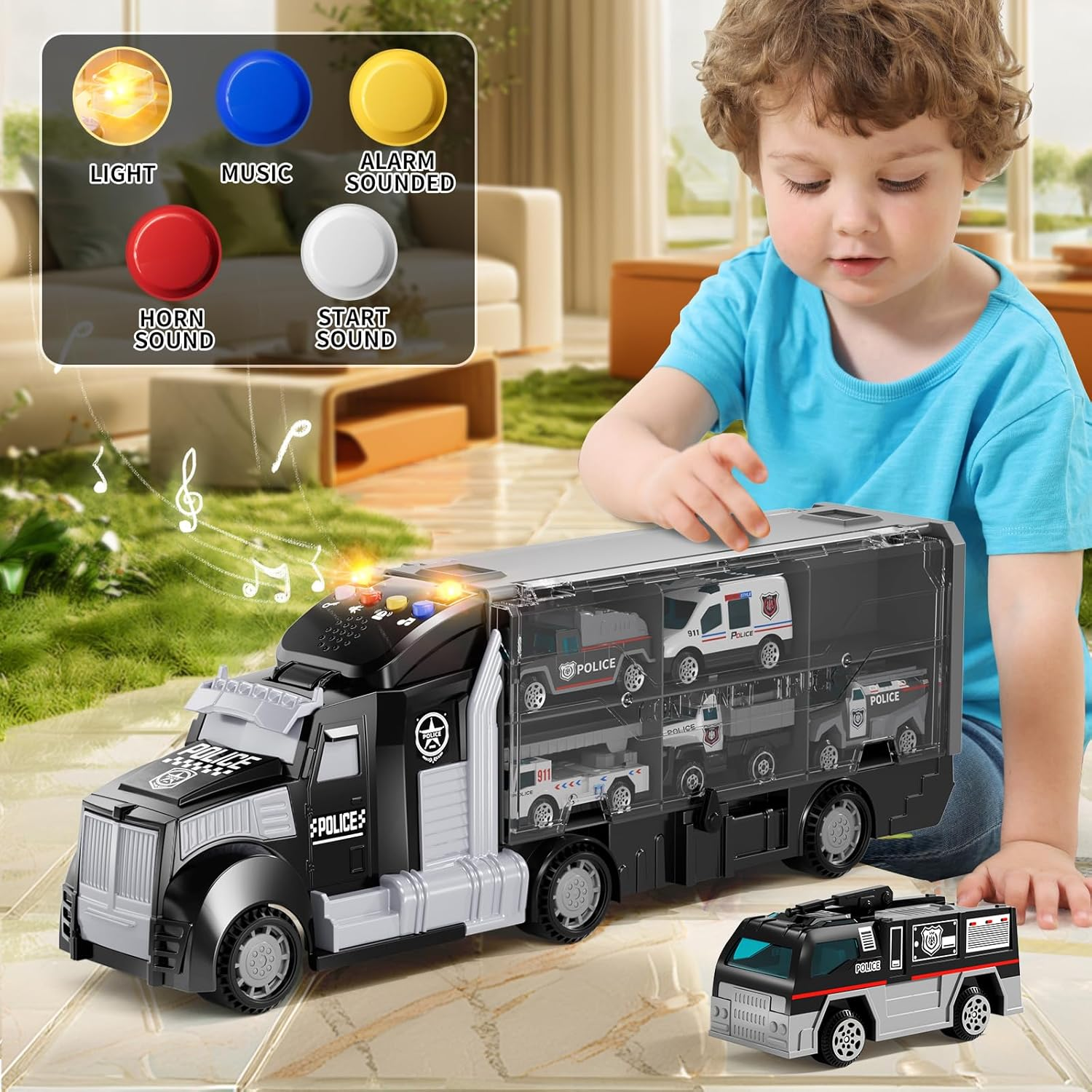 Police Trucks Toy Set with Play Mat, Carrier Truck Play Vehicles Set for 3 4 5 6 Years Old Boys Kids, Die-Cast Car Toy for Toddlers 3-4 Years, Birthday Gifts Toys for 3-9 Year Old Boys image number 1