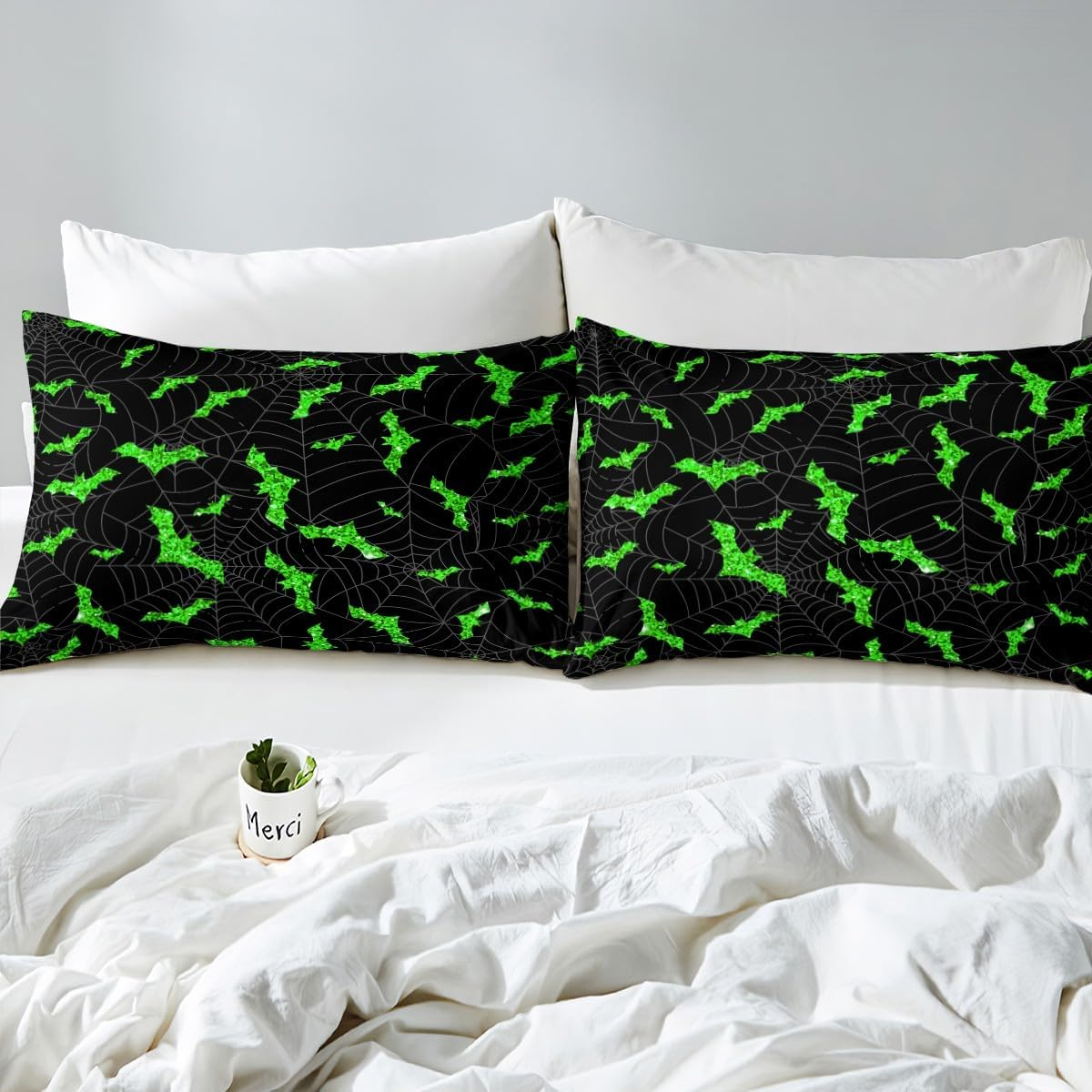 Bat Duvet Cover Set, S Size, Black Spider Web Bedding Set, Gothic Style Halloween Comforter Cover, Children, Girls, Adult Bedroom Decor, Green Glitter Print Quilt Cover, 1 Pillowcase image number 3