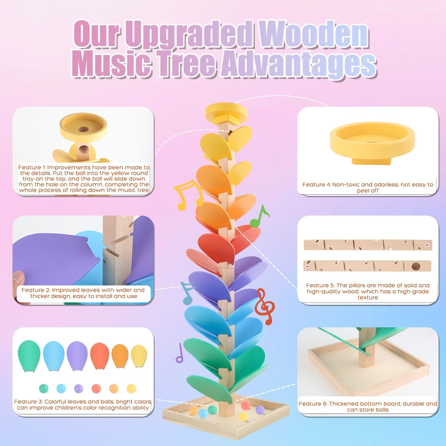 Wooden Marble Run Musical Tree Toy, Educational Ball Track Learning Game, Colour Sorting Toy for Kids 3+ Years，Children'S Gift - Wooden Puzzle image number 6