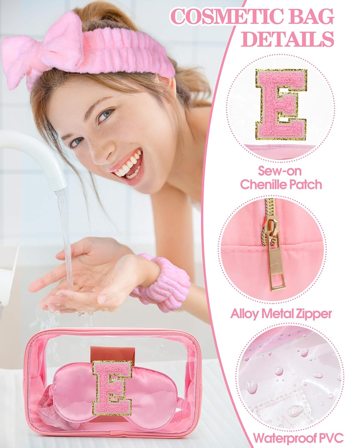 Gift Sets for Women, Initial Makeup Bag with Makeup Brush Set Bachelorette Party Favors, Pink Spa Kit with Skincare Headbands Wrist Bands Sleepover Party Supplies Gifts for Teen Girls Bridesmaid E image number 6