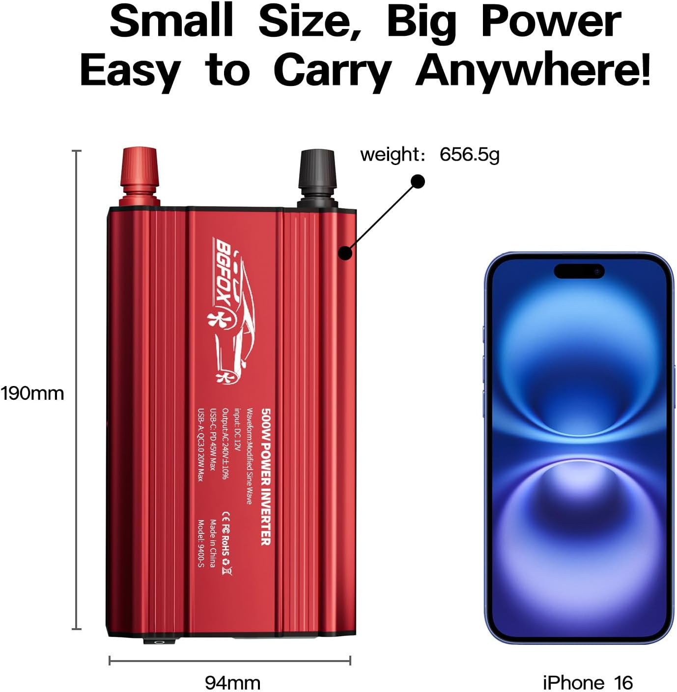 500W Car Power Inverter DC 12V to 240V AC Converter with 1 USB Ports and 1 PD Outlet, Car Charger Adpater for Road Trip and Camping-Red image number 3