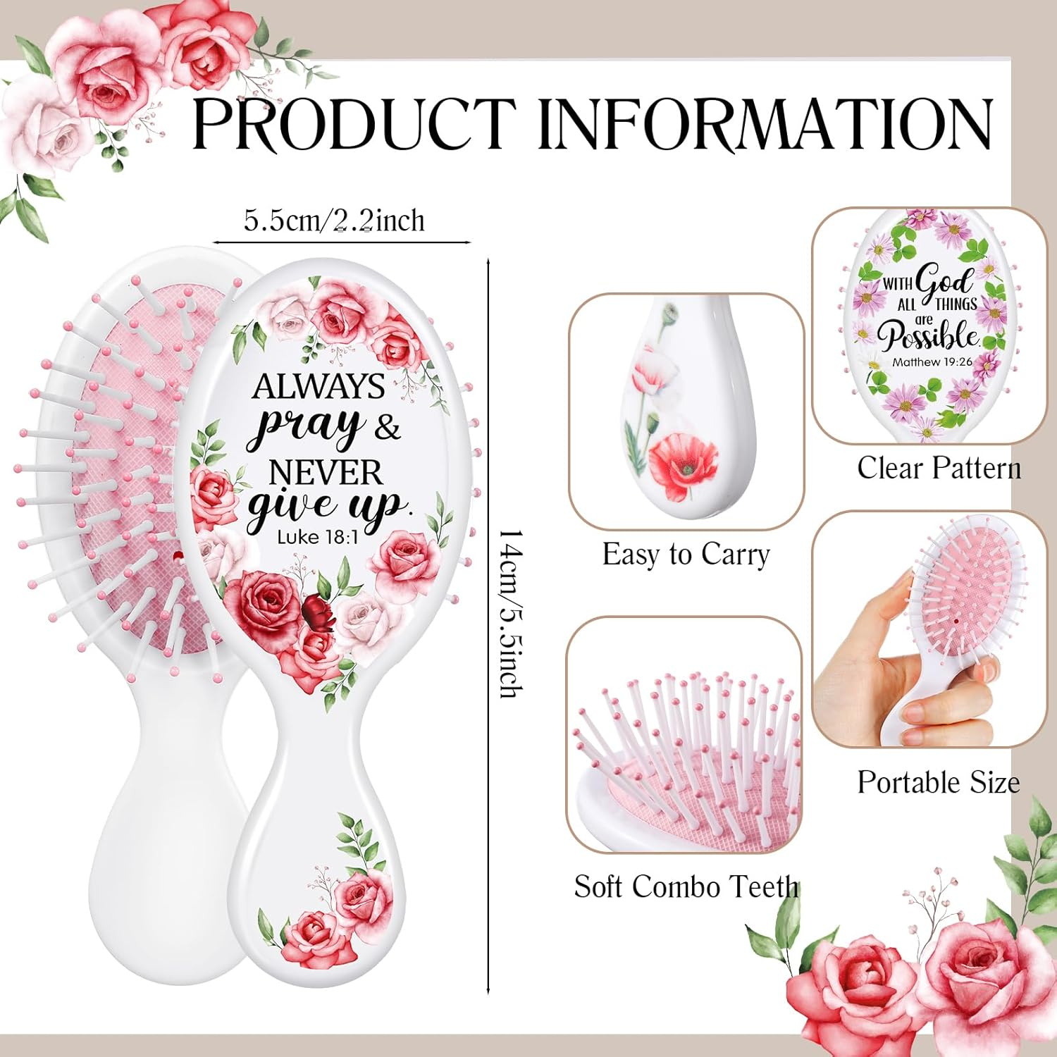 Meanplan 20 Pcs Inspirational Mini Hair Brush Bulk Thank You Gifts Bible Verse Christian Travel Hair Brush Mini Hair Brush Travel Detangling Brush Appreciation Gifts for Women Employee Staff image number 2