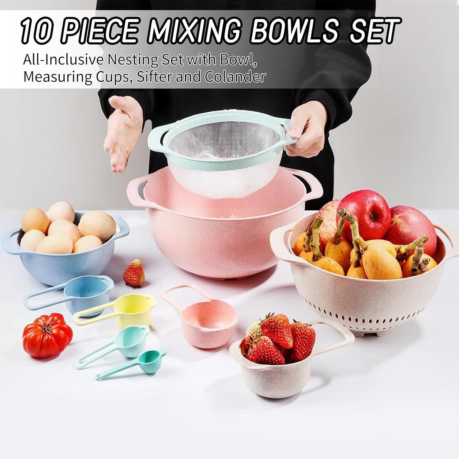 Menbyci 10Pcs Plastic Mixing Bowls Set with Measuring Spoon, Colorful Serving Bowls for Kitchen, Multi-Purpose Nesting Bowl with Handle, Colander and Fine Mesh Sifter, for Baking, Prepping and Cooking image number 1