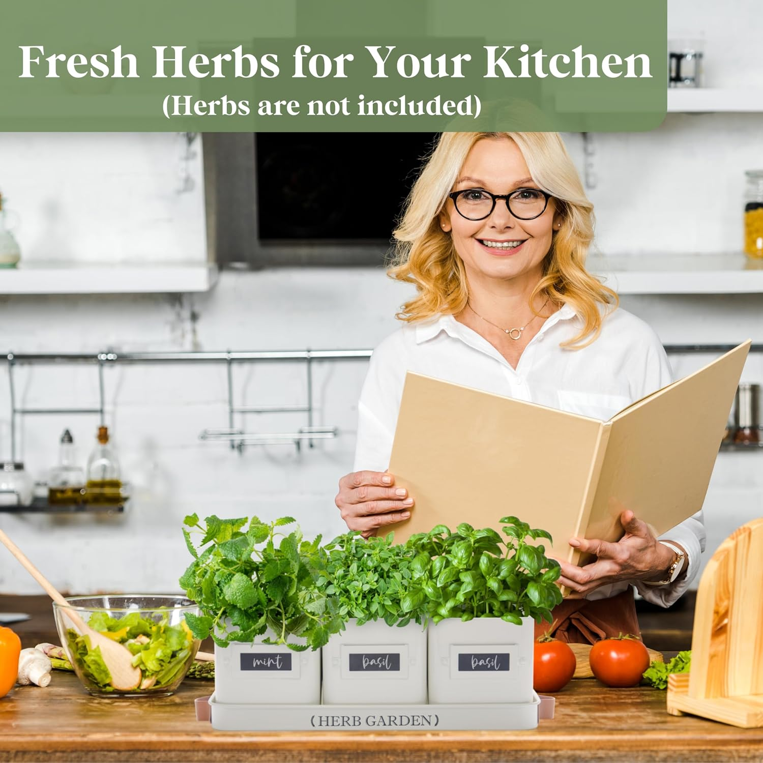 PERFNIQUE Indoor/Outdoor Herb Garden Planter Set, Farmhouse Style, White, 4.4" W X 4.7" H, 14.2" L X 4.9" W X 1.2" H Tray, Windowsill Herb Garden, Drainage System - Sky Blue image number 5