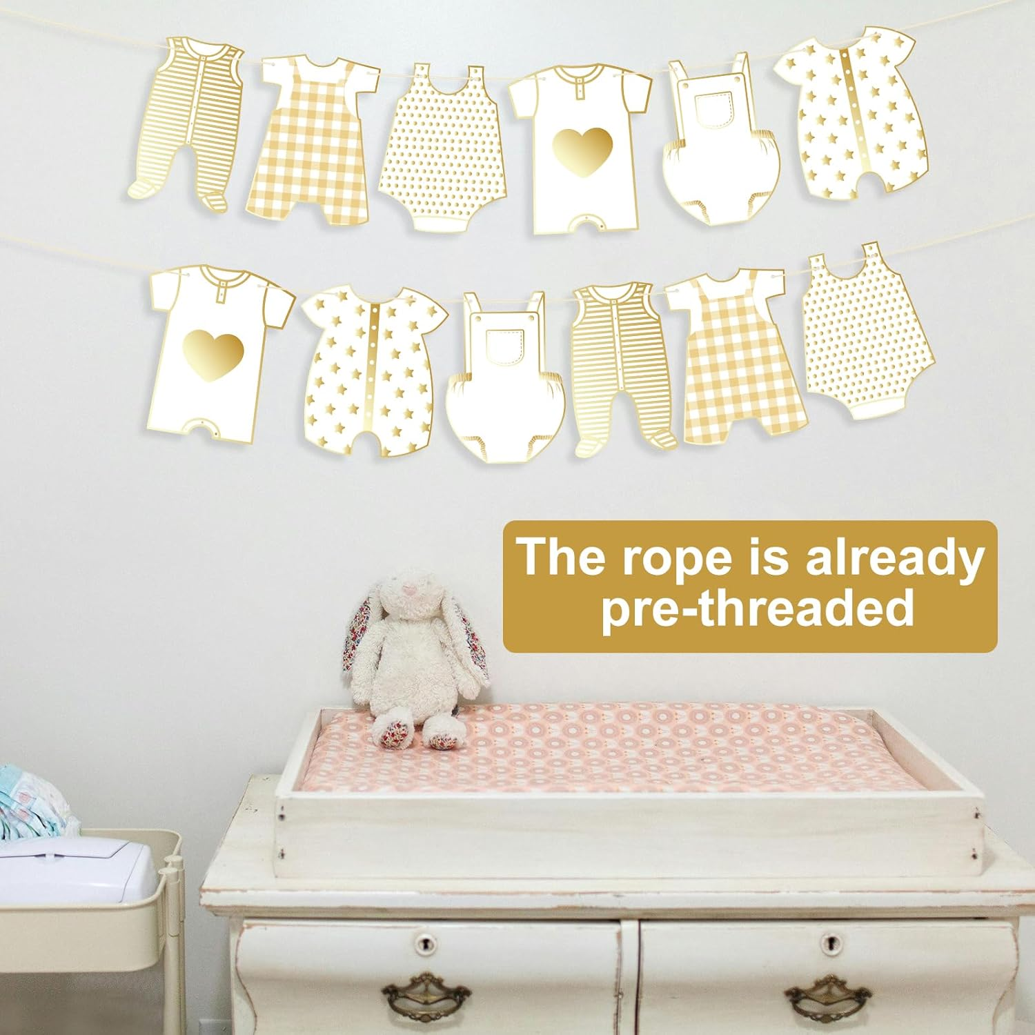 2Pcs Neutral Gold Baby Shower Paper Garland, Pre-Assembled Baby Boy Banner Baby Girl Sign Gender Reveal Decorations Various Baby Clothes Banner for Welcome Newborn Party Supplies Photo Props image number 6