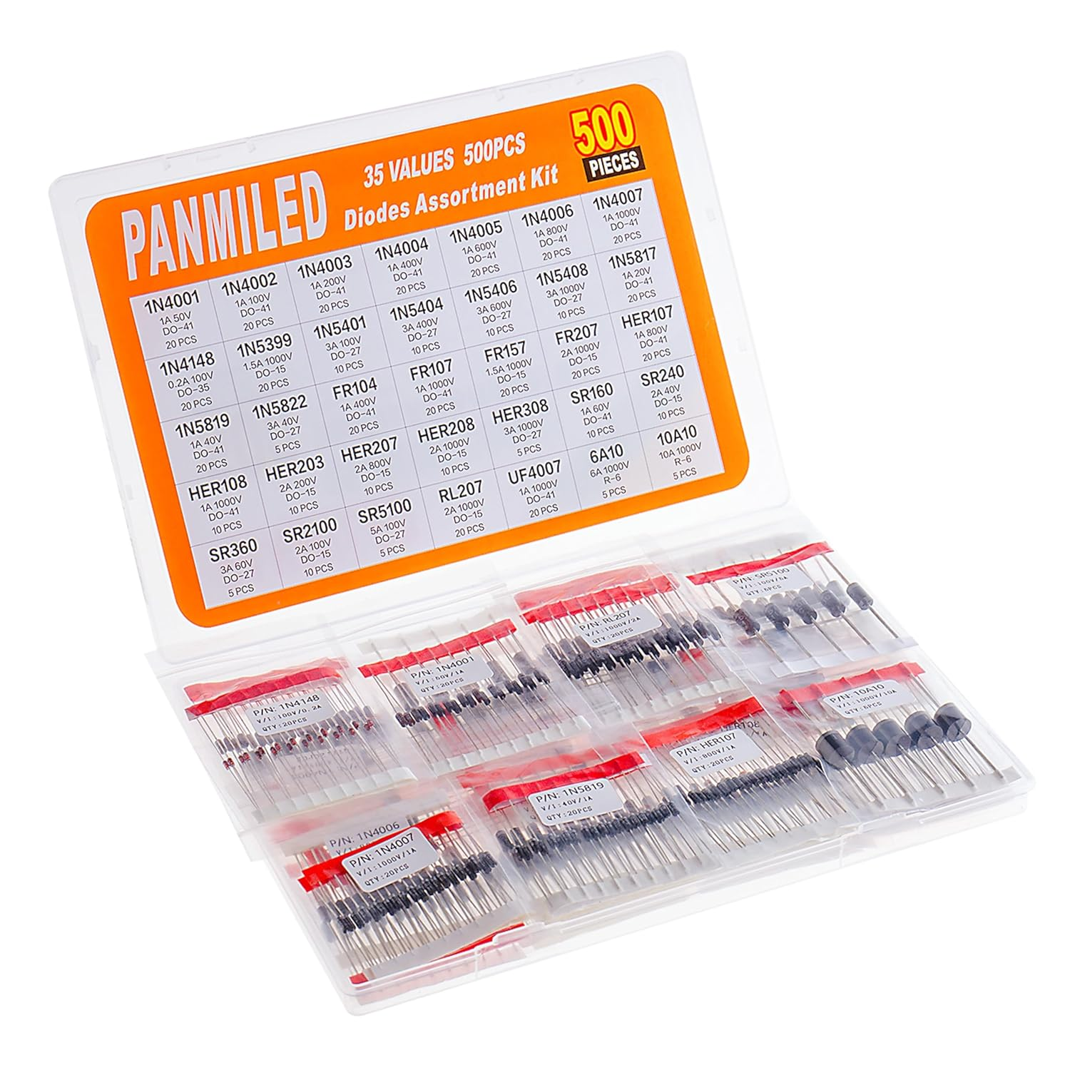 35 Values 500 Pcs Rectifier Schottky Diode Kit 1N4001 1N4002 1N4003 1N4004 1N4005 1N4006 1N4007 1N4148 1N5401 1N5404 1N5408 1N5817 1N5819 FR107 FR207 HER107 HER207 SR160 SR360 SR2100 SR5100 6A10 10A10 image number 5