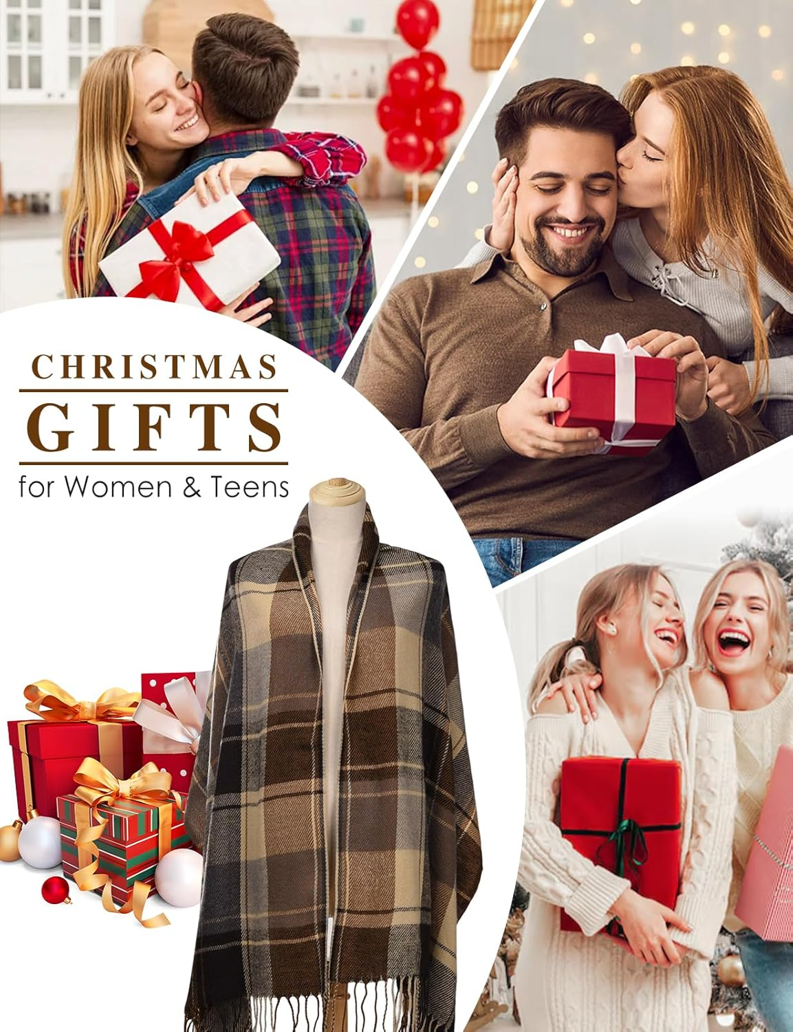 Heekpek Women'S Checked Oversized Cashmere Scarf Long Winter Scarf Soft Wraps Large Checked Fringe Scarf Warm Scarf for Autumn Winter image number 3