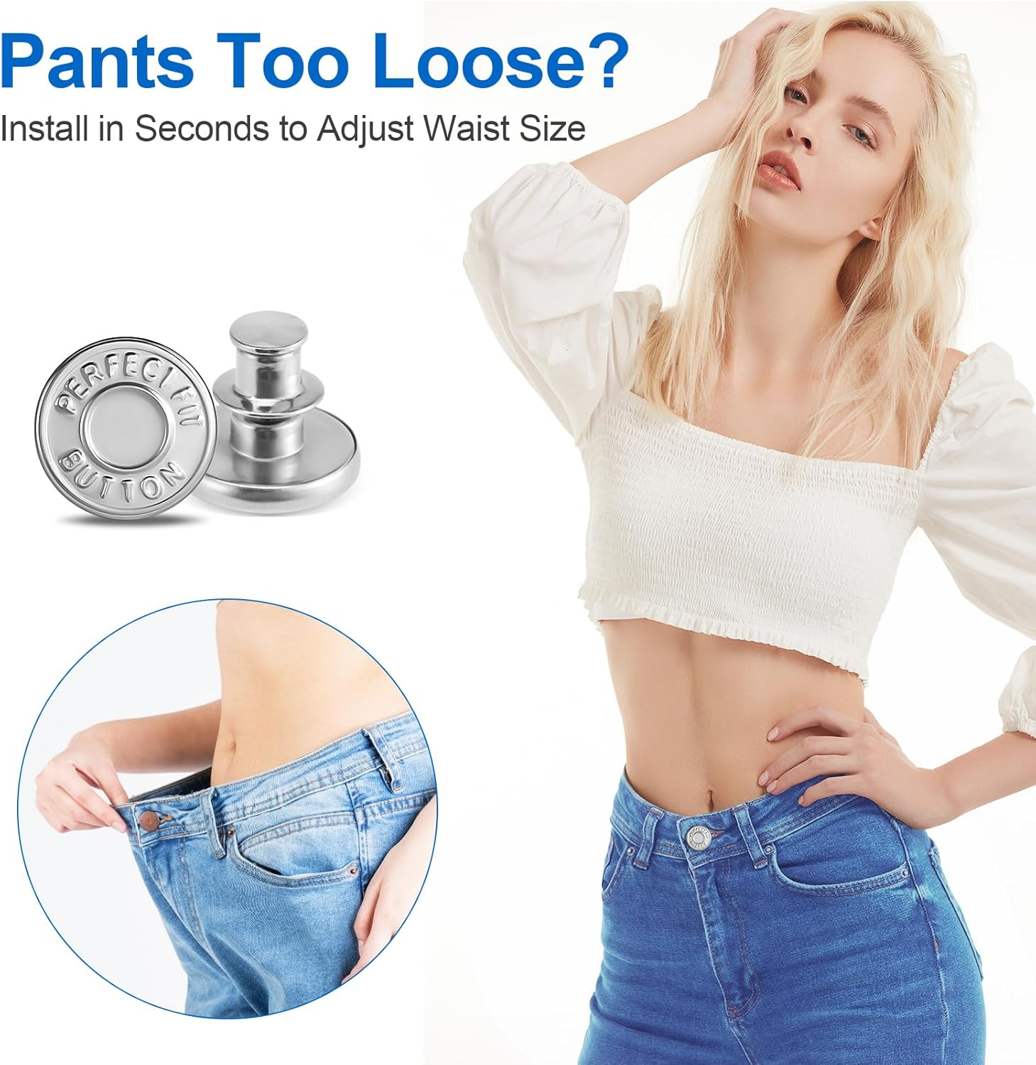 Ceryvop 12 Set Buttons Pin for Loose Jeans, Jeans Button Adjuster for Pants, No-Sew Waist Tightener Pins for Pants, Make Loose Jeans Smaller, Adjustable Pants Button Replacement image number 1