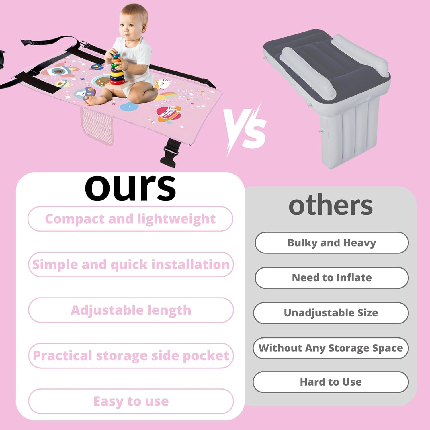 Airplane Travel Bed for Kids, Airplane Seat Extender Portable with Side Pocket, Airplane Travel Accessories for Kids, Foot Leg Rest Hammock Cot for Flights, Compact&Light (Pink) - Pink image number 6