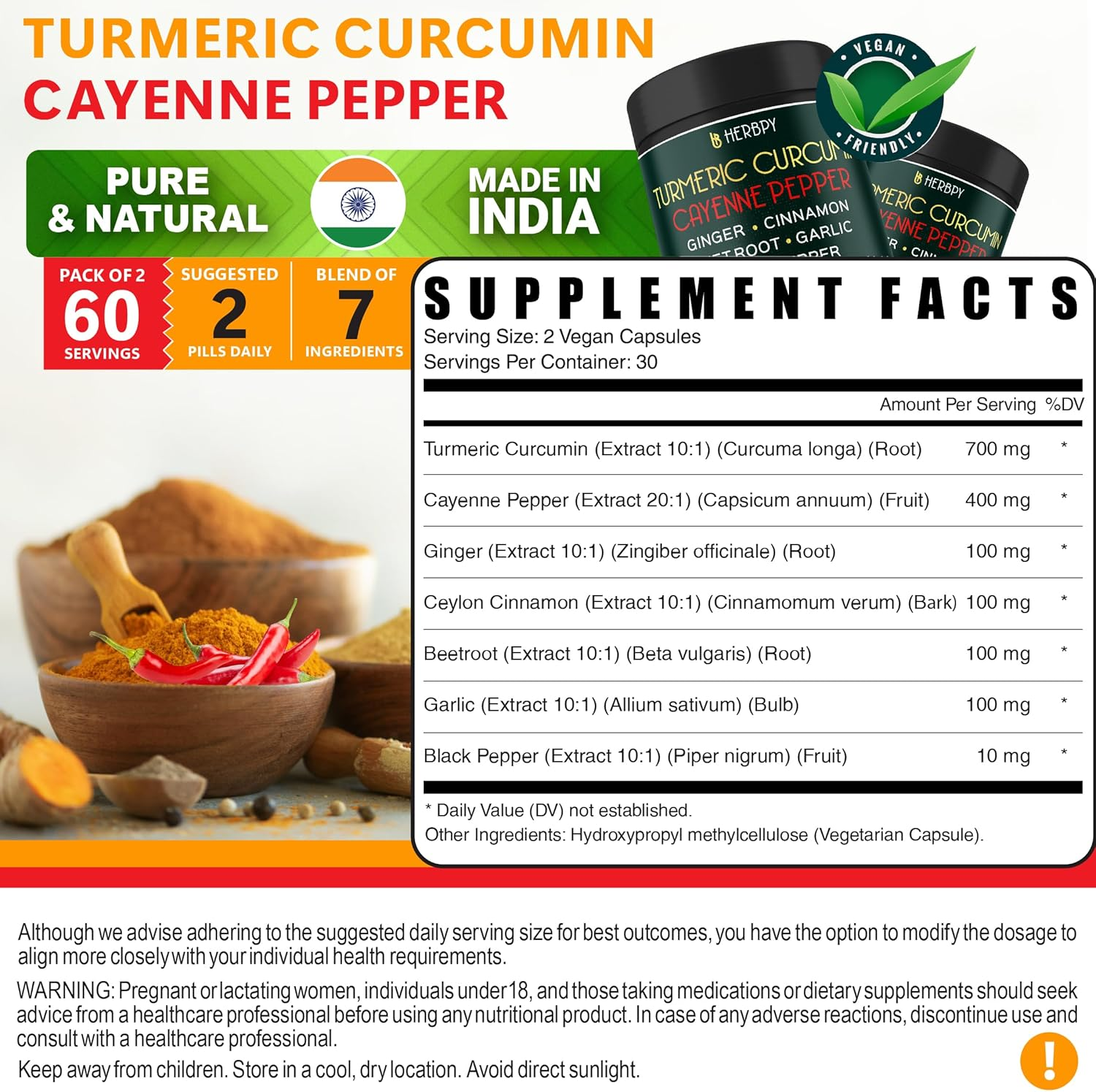 Herbpy 7In1 Turmeric and Cayenne Pepper Supplement - Digestion, Immune, Brain & Heart Health Support with Ceylon, Ginger, Garlic, Beetroot 2Pack60 image number 6