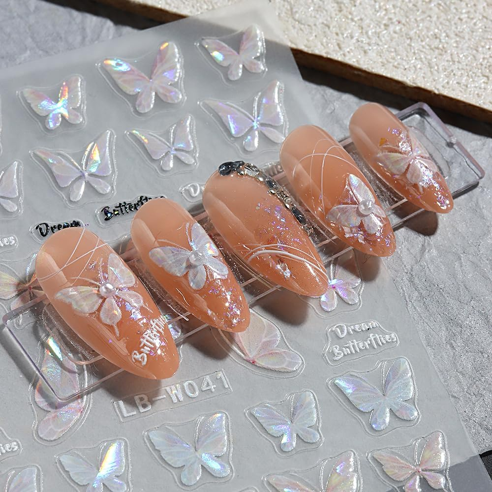 2Sheets Nail Art Stickers, 3D Self-Adhesive Holographic Butterfly Nail Design image number 1