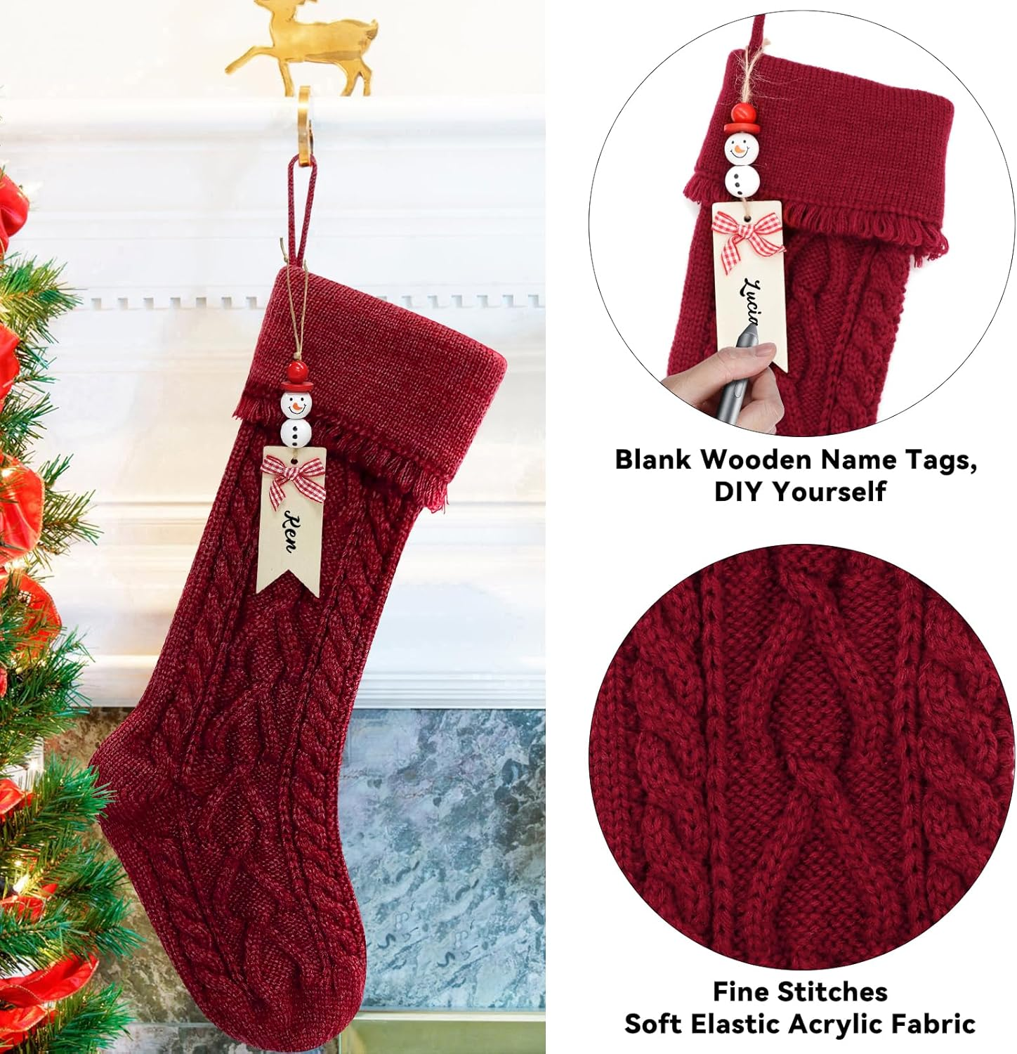 4 Pack Christmas Stocking,18 Inches Classic Deer Xmas Cuff Stockings,Classic Large Stocking Decorations for Family Holiday Season Decor - Ivory image number 7