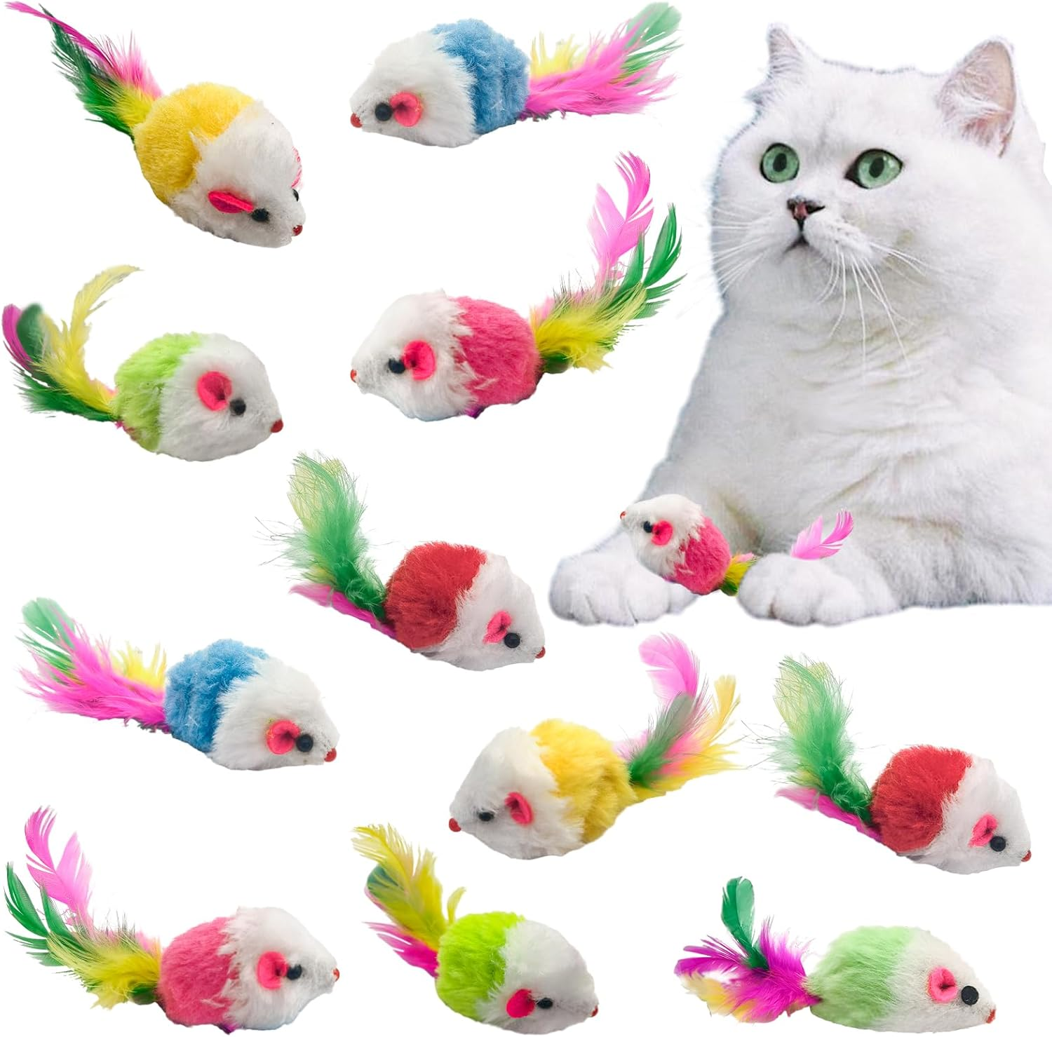 Andiker 12 Pieces Cat Mouse Toy for Indoor Cats, 3.93 Inch Colourful Cat Mice Toy with Feather Mice Toy for Cat Cat Plush Mouse Toy for Cat Catch Play (Random Colours) image number 1