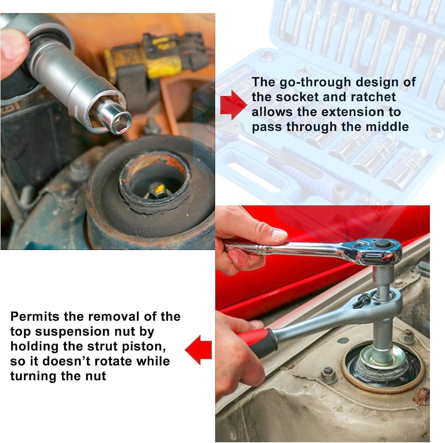 43PCS Suspension Shock Absorber Strut Nut Removal Tool Socket Set, 1/2 Inch Steering Hub Shock Absorber Ratchet and Wrench Set, Shock Strut Installation Removal Tool Kit for All Vehicles image number 3