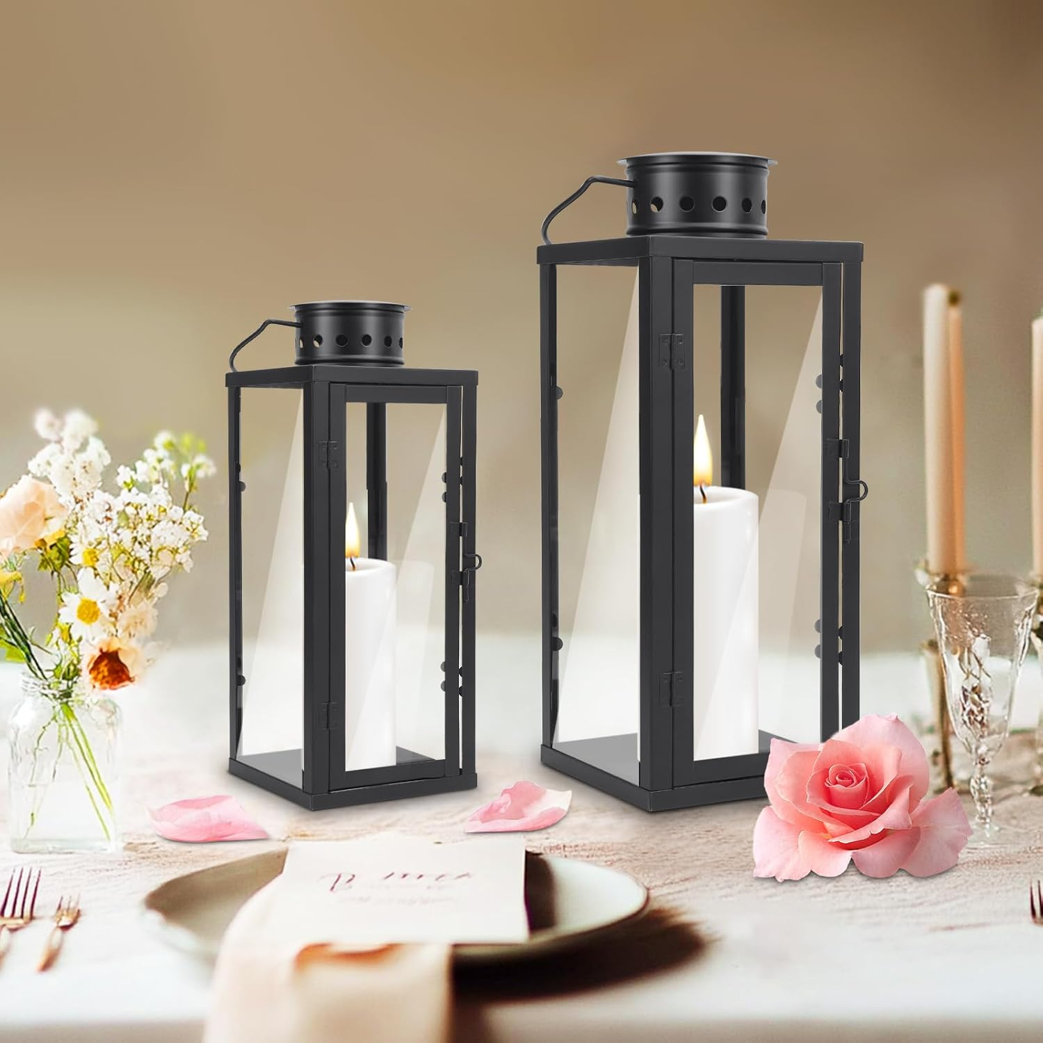 Black Metal Lantern Decorative Set, Modern Farmhouse Lantern Decor with Hurricane Glass, Set of 2 13.8" & 9.5" Vintage Hanging Tower Lantern Metal Candle Holder (13.5 * 13.5 * 35CM+10 * 10 * 24CM) image number 1