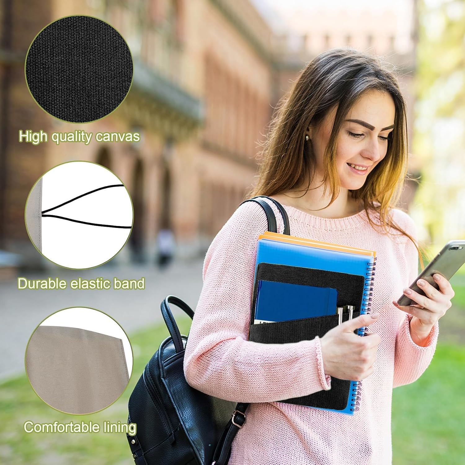 Canvas Book Cover Sleeve, Adjustable Washable Book Protector, for Hardcover/Paperbacks with Pockets for Pen, Elastic Cord Binding, Soft Book Covers, Bookish Gifts for Book Lovers (Black) image number 6