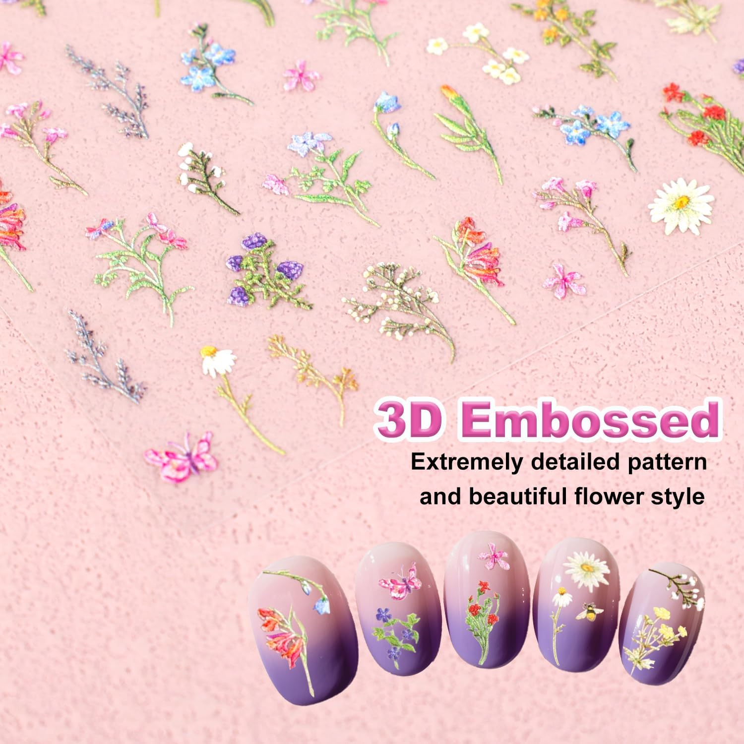 BOXOB 2 Sheets 5D Embossed Flower Nail Stickers, Floral Plant Manicure Stickers Self-Adhesive Spring Summer Accessories for Nail Design Decoration for Women Girls