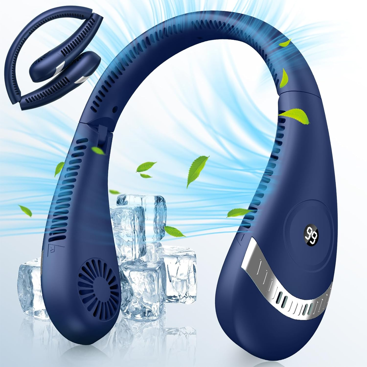 Neck Fan, 5000Mah LED Display Foldable Fans Portable Rechargeable, 3 Speeds Adjustment 360&deg; Cooling Airflow, Hands Free Personal USB Powered, Fan for Travel Outdoor, Upgraded Blue (FS05)