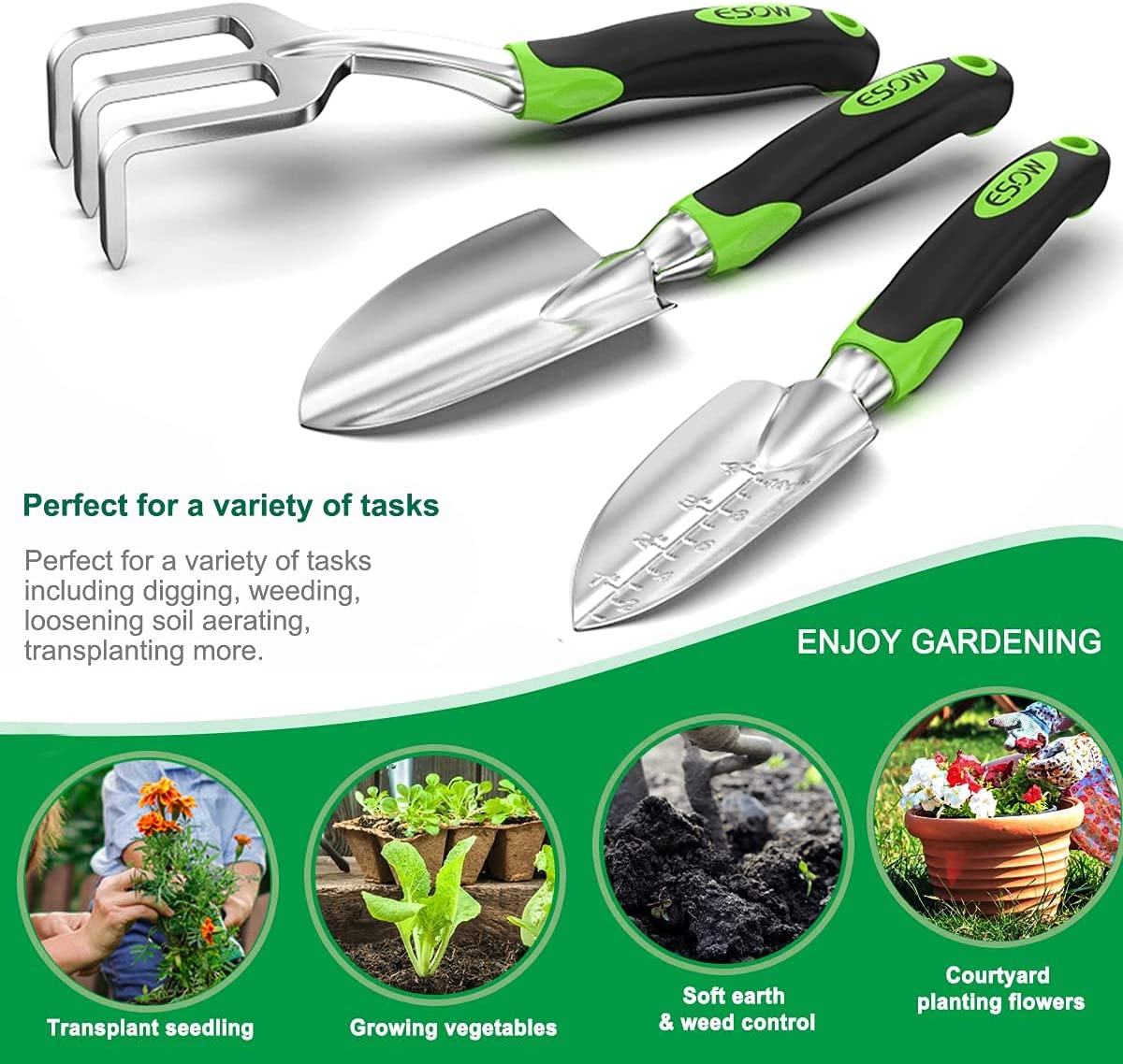 ESOW Garden Tool Set, 3 Piece Cast-Aluminum Heavy Duty Gardening Kit Includes Hand Trowel, Transplant Trowel and Cultivator Hand Rake with Soft Rubberized Non-Slip Ergonomic Handle, Garden Gifts image number 4