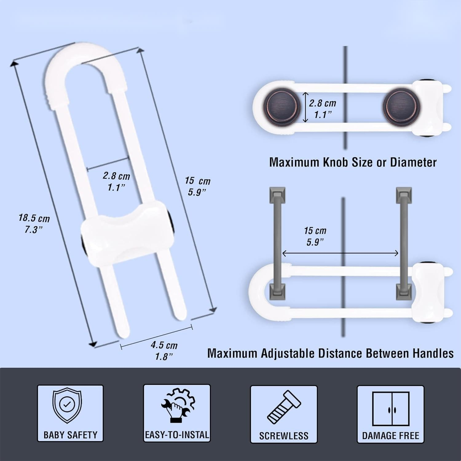 Sliding Cabinet Locks for Baby, Baby Proofing Adjustable U-Shaped Baby Safety Latches for Handles Knobs Drawers, Fridge, Closet, Cupboard, Closet with Secure Lock Buttons,2Pack (White) - Gray image number 4
