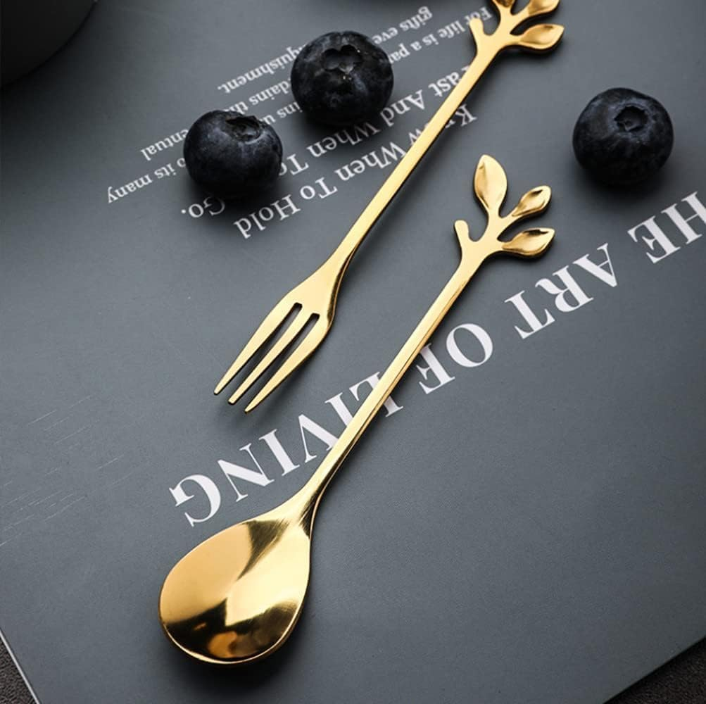 12Pcs Gold Leaf Coffee Spoon, Betterjonny Spoons and Fork Fruit Forks Stainless Steel Mini Creative Tableware for Sugar Cake Ice Cream Tea Stirring Tea image number 6
