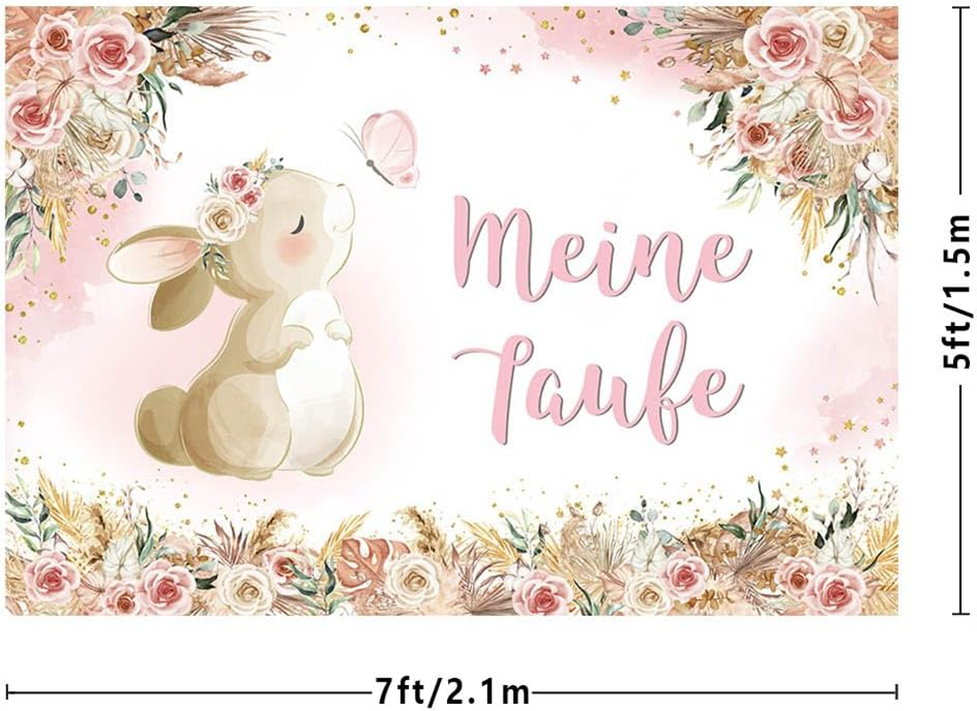 MEHOFOND 2.1 X 1.5 M My Christening Background Pink Rabbit Butterfly Eucalyptus Leaves Flowers Background Boy Girl Newborn Baby Shower First Communion Christening Party Banner Photo Props image number 3