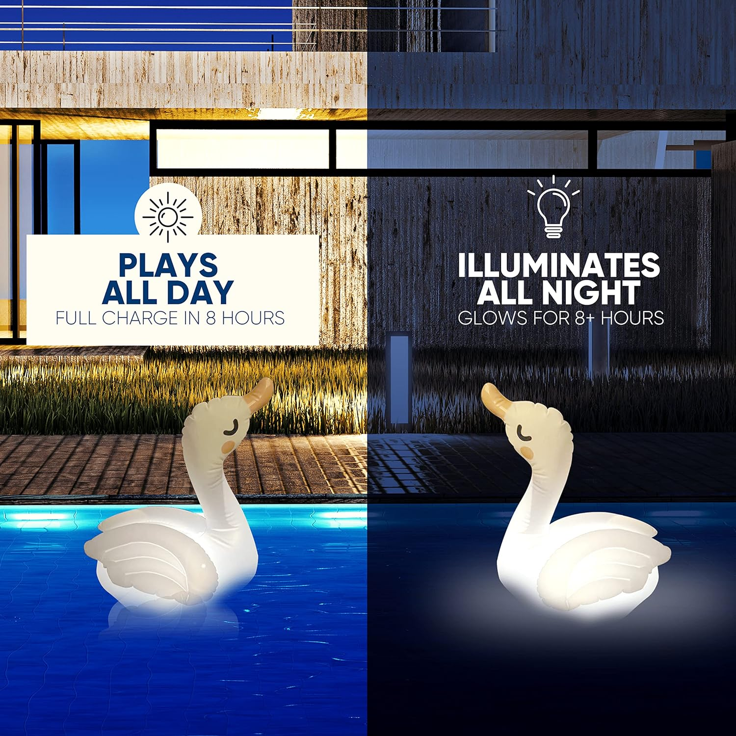 TIALLY Swan Solar Floating Pool Lights - 8 Hour Ambiglow Radiance White Inflatable Pool Light up Floating Decorations - IP68 Weatherproof, Heavy Duty Lighted Solar Pool Lights That Float (2 Pack) image number 6