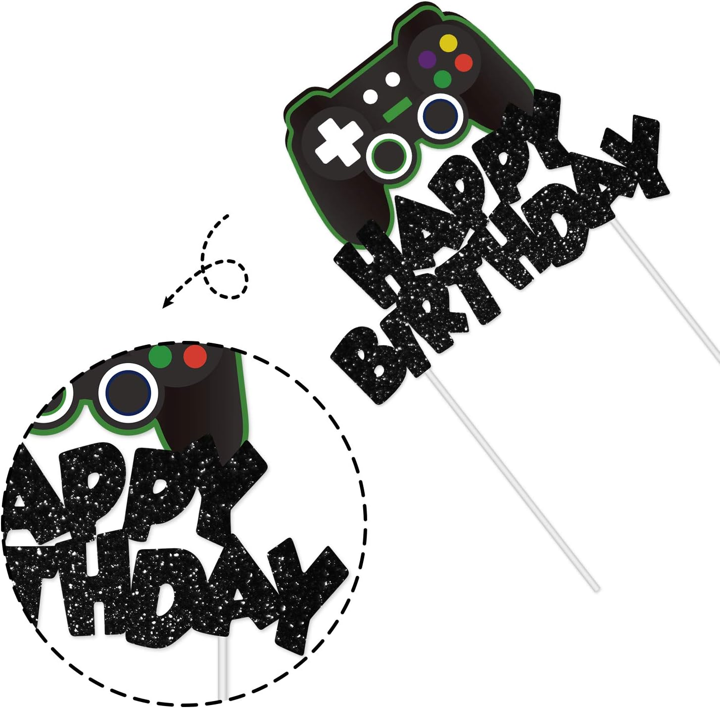 Video Game Cake Topper Glitter Game Controller Happy Birthday Cake Topper Cake Decorations Picks for Kids Gaming Themed Birthday Party Supplies - 24 Pack Candy Bas image number 3